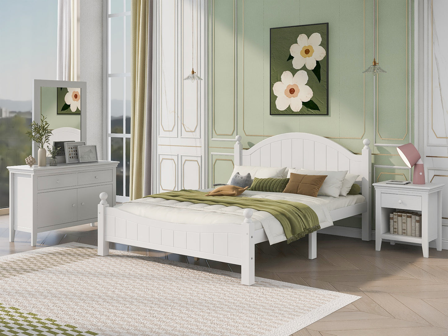 4 Pieces Traditional Concise Style White Bedroom Sets, Nightstand+ Dresser+ Mirror+King Bed