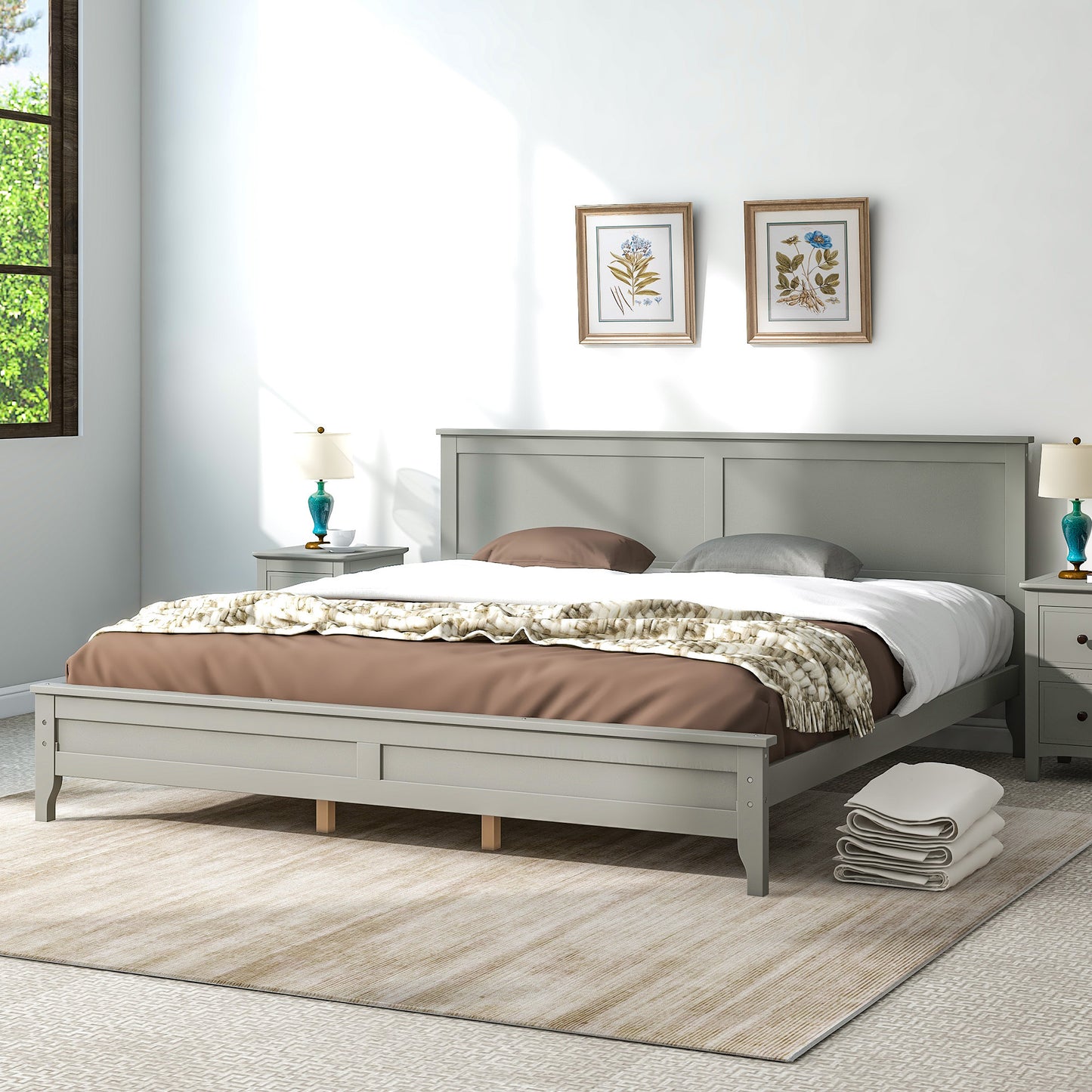 Gray Solid Wood 5 Pieces King Bedroom Sets(bed+nightstand*2+chest+dresser)NEW