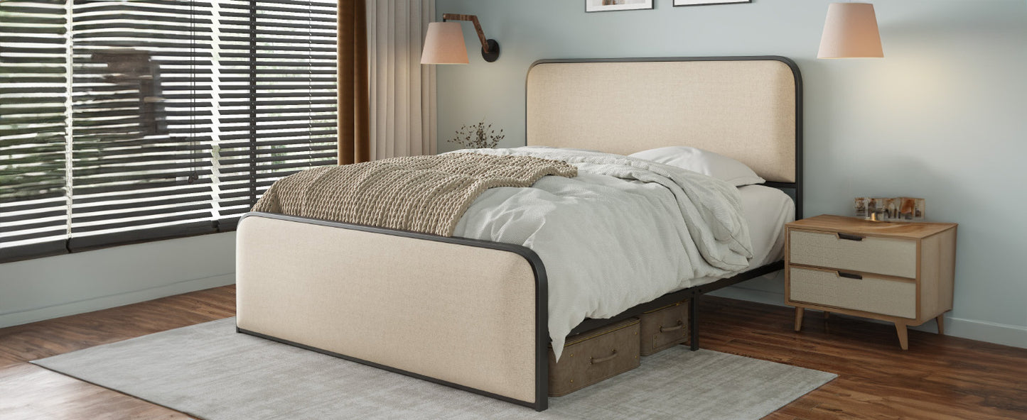 Modern Metal Bed Frame with Curved Upholstered Headboard and Footboard Bed with Under Bed Storage, Heavy Duty Metal Slats, King Size, Beige