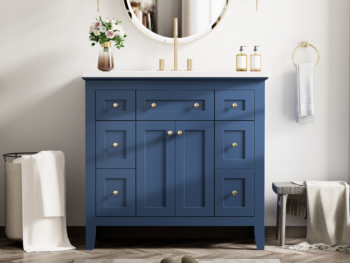 36'' Bathroon Vanity with Resin Sink Combo Set, Modern Freestanding Single Bathroom Cabinet with 6 Drawers & 2 Cabinets, Storage Cabinet for Bathroom, Solid Wood Frame Vanity Set, Blue
