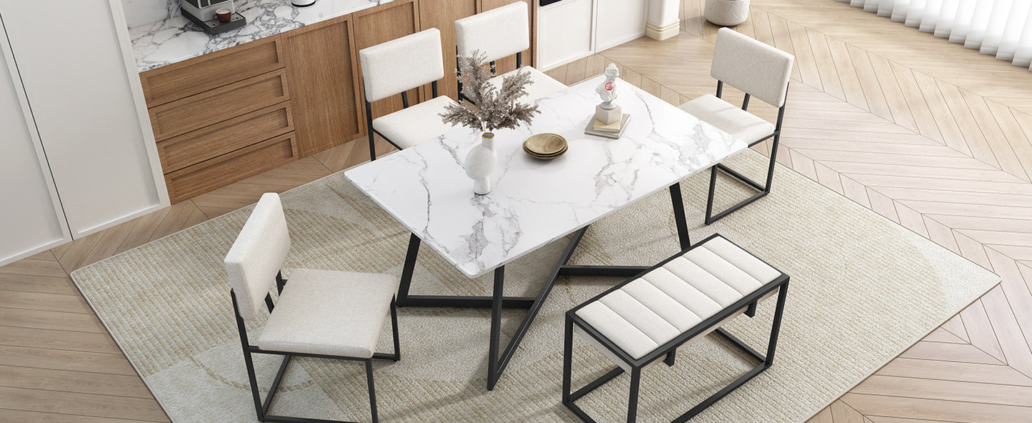 TOPMAX Modern Faux Marble 6-Piece Dining Table Set,60inch Metal Kitchen Table Set with Upholstered Dining Chairs and Bench, Black