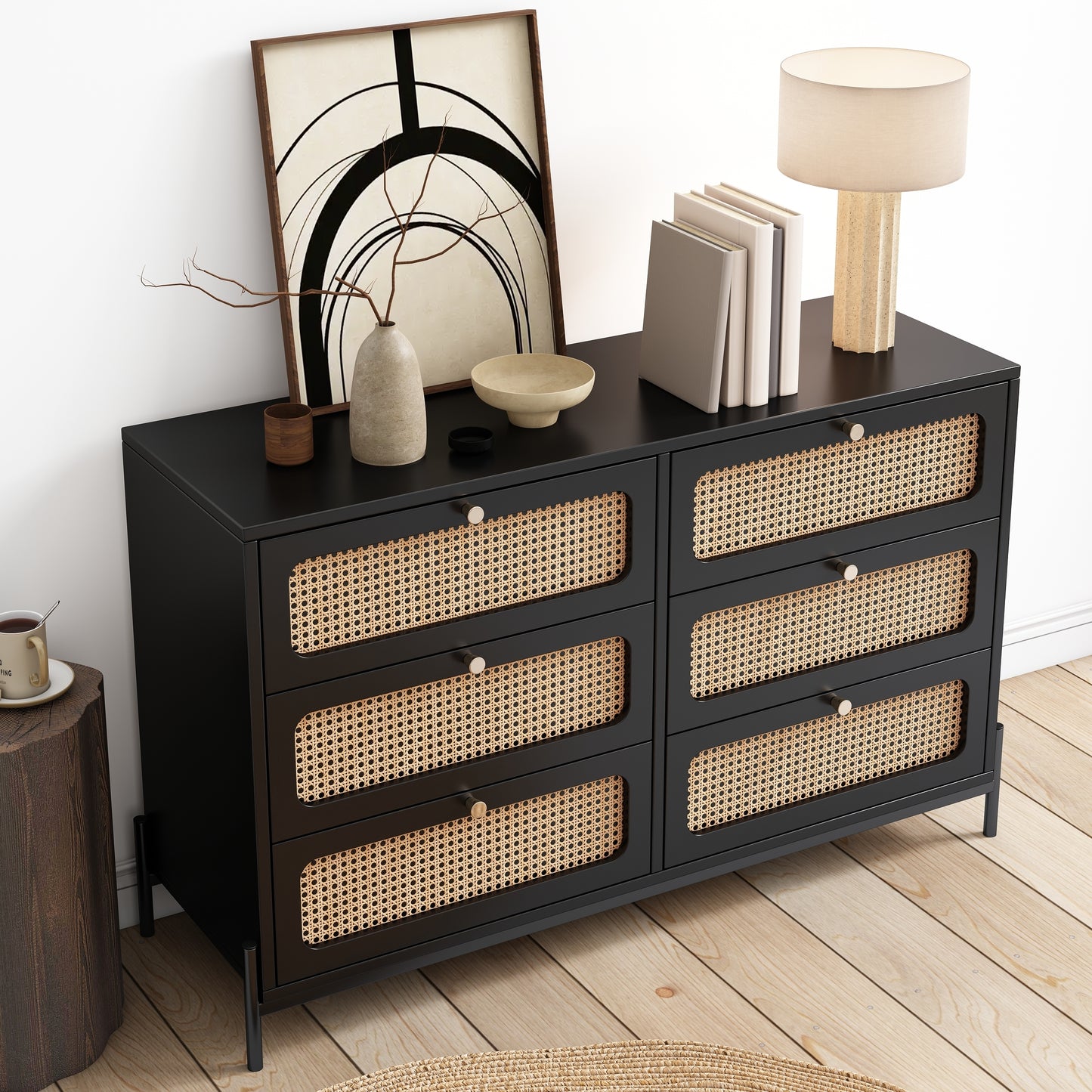 Modern Cannage Rattan Wood Closet 6-Drawer Dresser Wood Storage Cabinet Sideboard for Bedroom, Living Room, Entryway, Hallway, Black