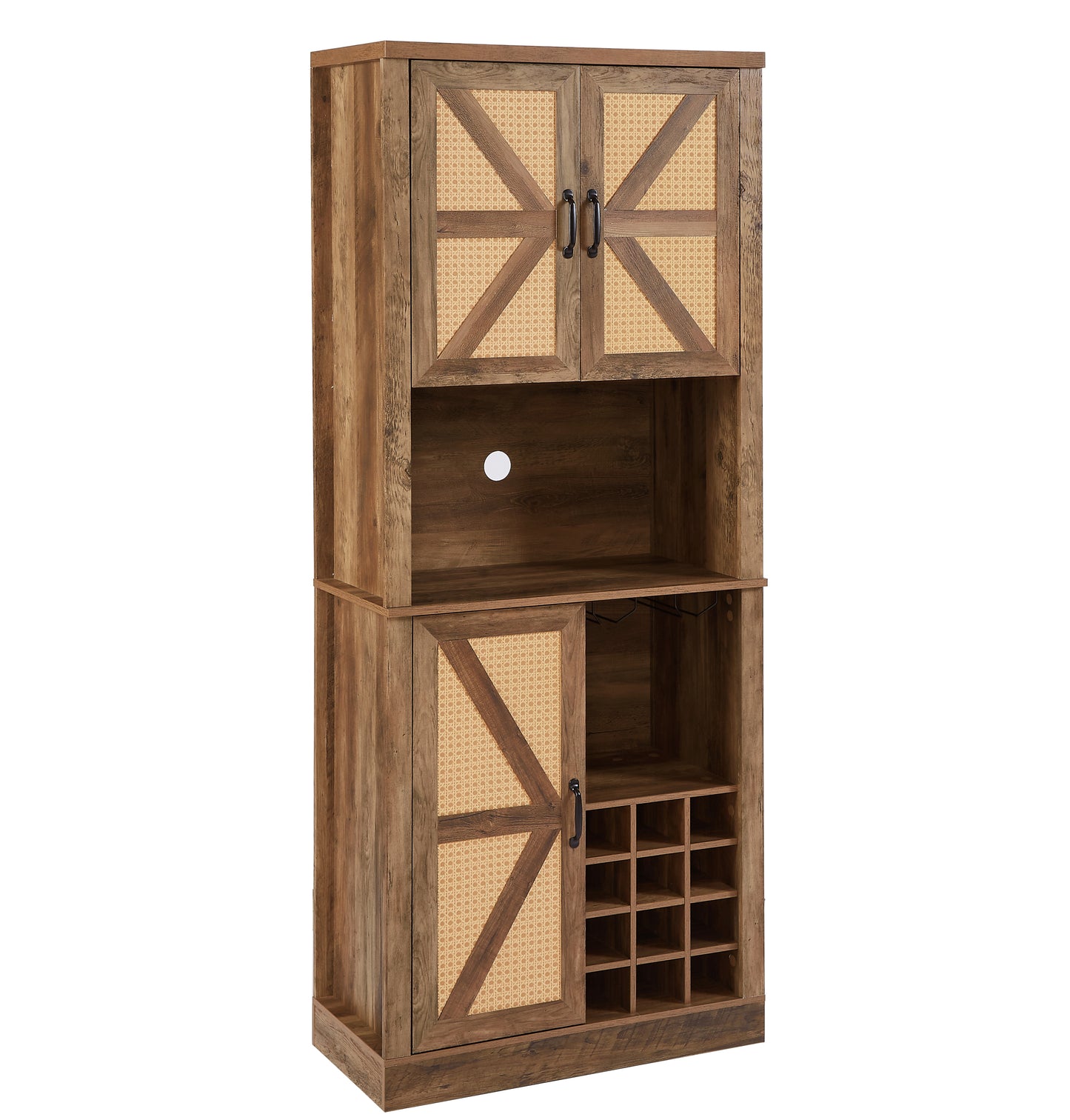 76-Inch Tall Rustic Oak Color Farmhouse Kitchen Faux Rattan Wine Cabinet, Kitchen Bar Cabinet with Square Compartments , Large Wooden Faux Rattan Storage Cabinet with Barn Doors and Microwave Shelves