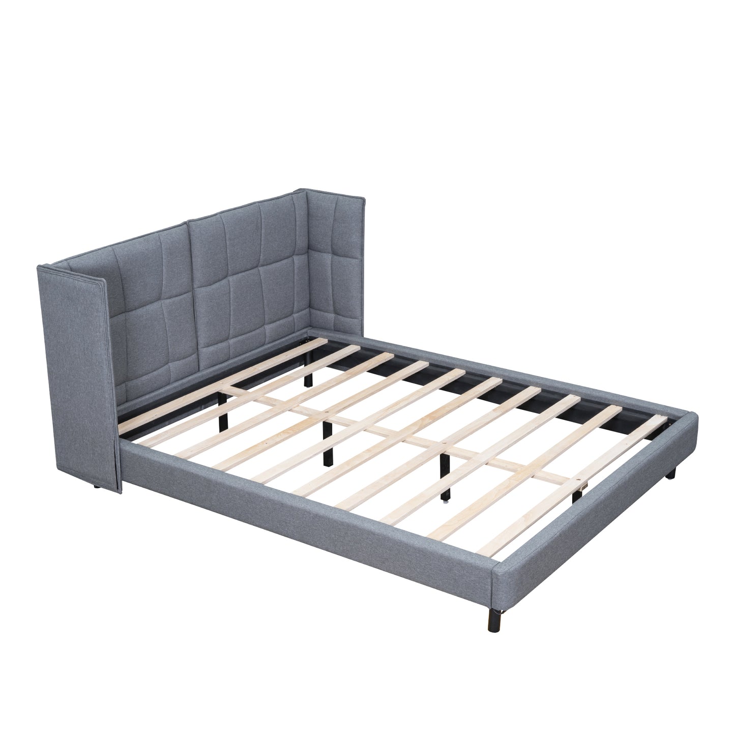 Queen Size Upholstered Platform Bed with LED Lights and U-Shaped Headboard, Linen Fabric, Gray
