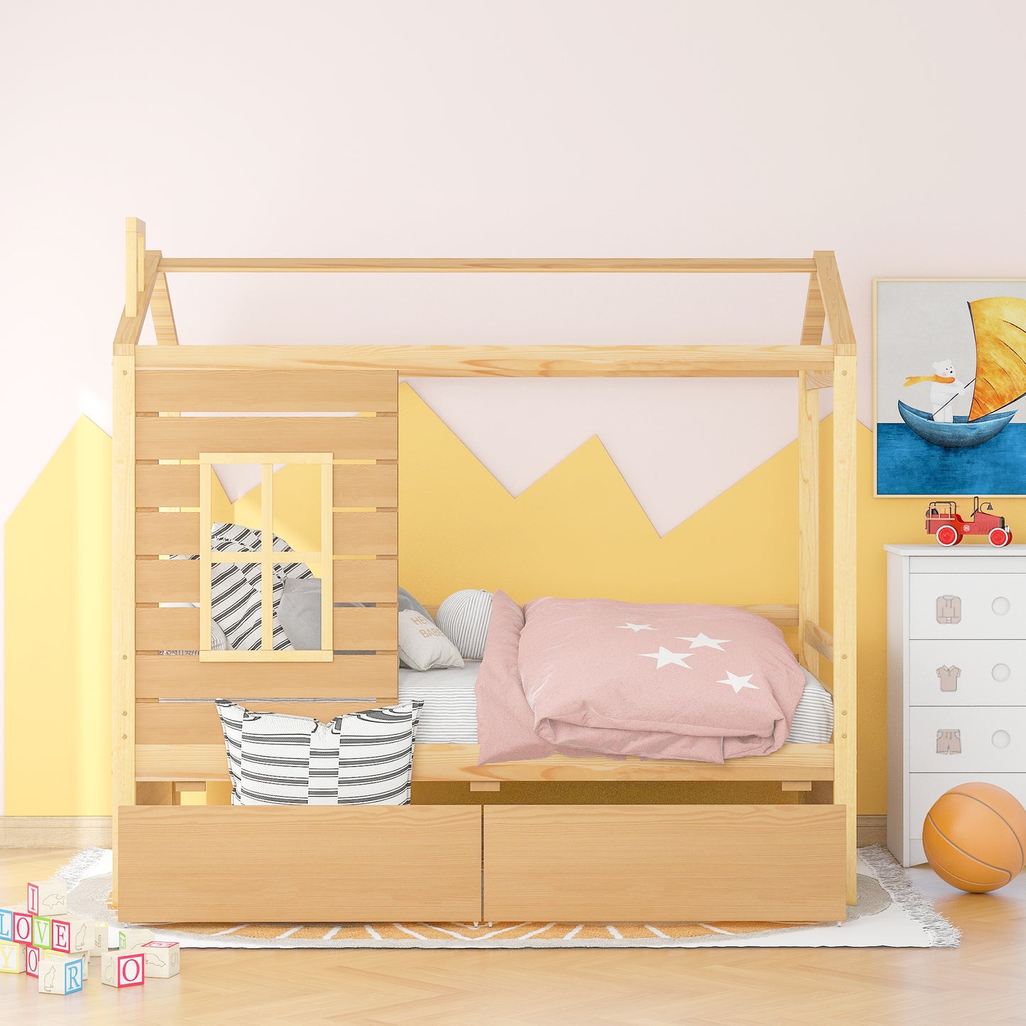 Twin Size House Bed Wood Bed with Two Drawers ( Natural )