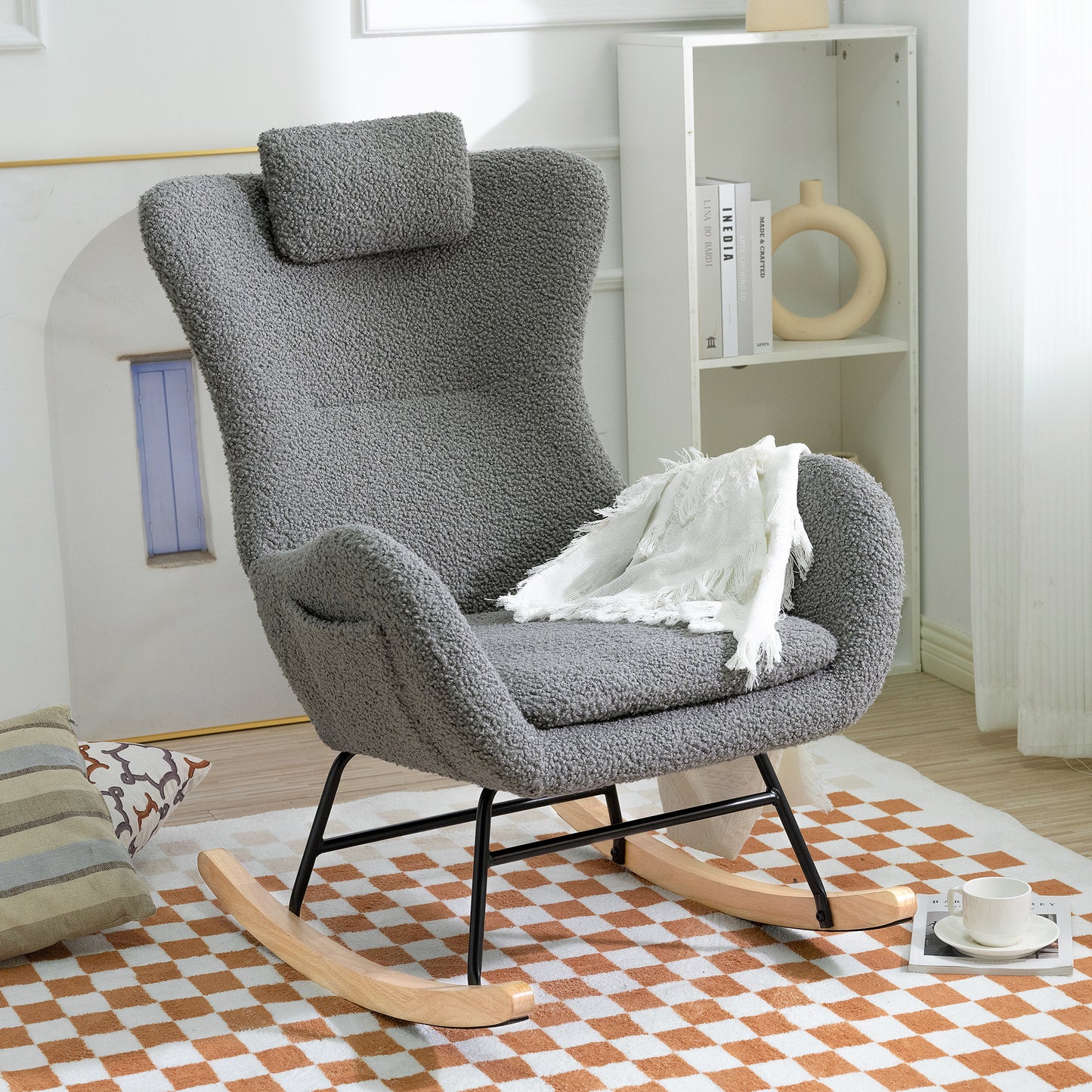 Rocking Chair Nursery, Teddy Upholstered Rocker Glider Chair with High Backrest, Adjustable Headrest & Pocket, Comfy Glider Chair for Nursery, Bedroom, Living Room, Offices, Rubber wood, gray