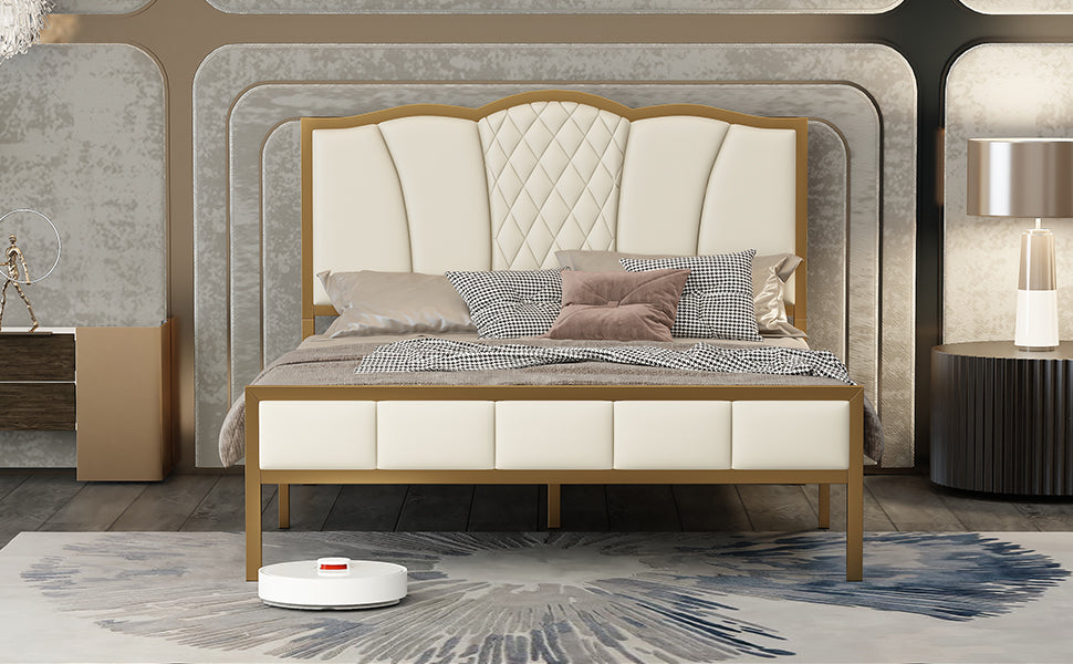 Full Size Bed Frame, Modern Upholstered Bed Frame with Tufted Headboard, Golden Metal Platform Bed Frame with Wood Slat Support, Noise Free, No Box Spring Needed,Beige