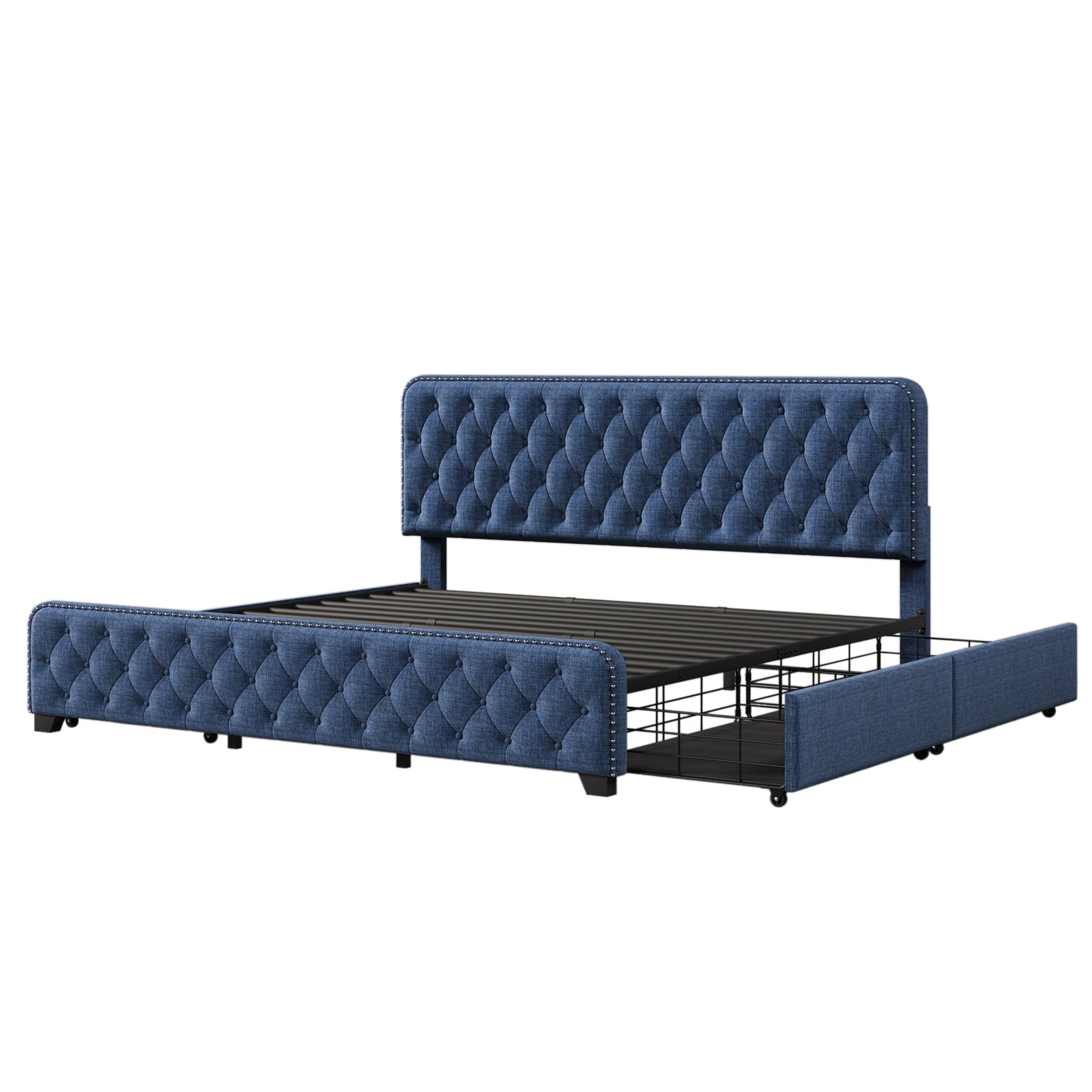 Upholstered Platform Bed Frame with Four Drawers, Button Tufted Headboard and Footboard Sturdy Metal Support, No Box Spring Required, Blue, King (Old sku: BS300277AAC)