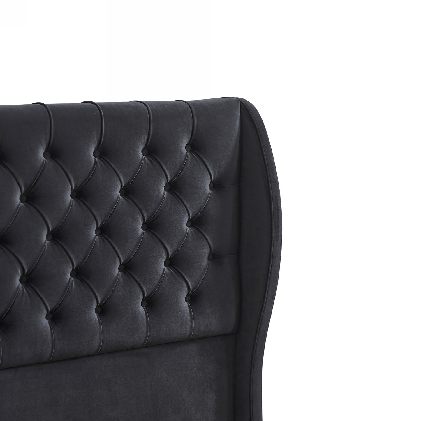 King Size Platform Bed Frame, Velvet Upholstered Sleigh Bed with Scroll Wingback Headboard & Footboard/Button Tufted/No Box Spring Required/Easy Assembly-Black
