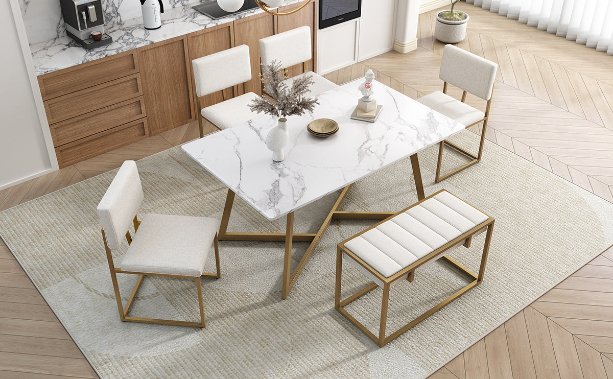 TOPMAX Modern Faux Marble 6-Piece Dining Table Set,60inch Metal Kitchen Table Set with Upholstered Dining Chairs and Bench, Golden