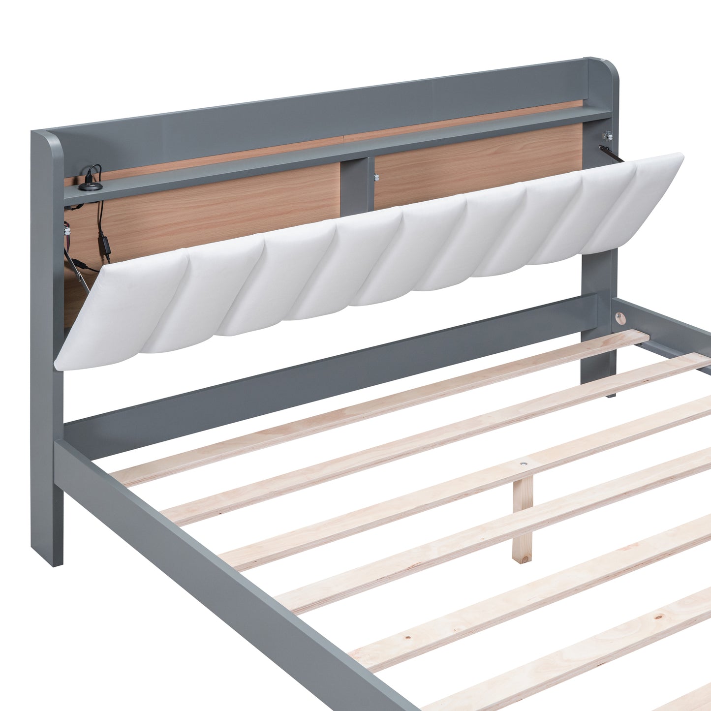 3-Pieces Bedroom Sets,Queen Size Wood Platform Bed and Two Nightstands,Storage Platform bed with USB and LED Lights-Gray+White