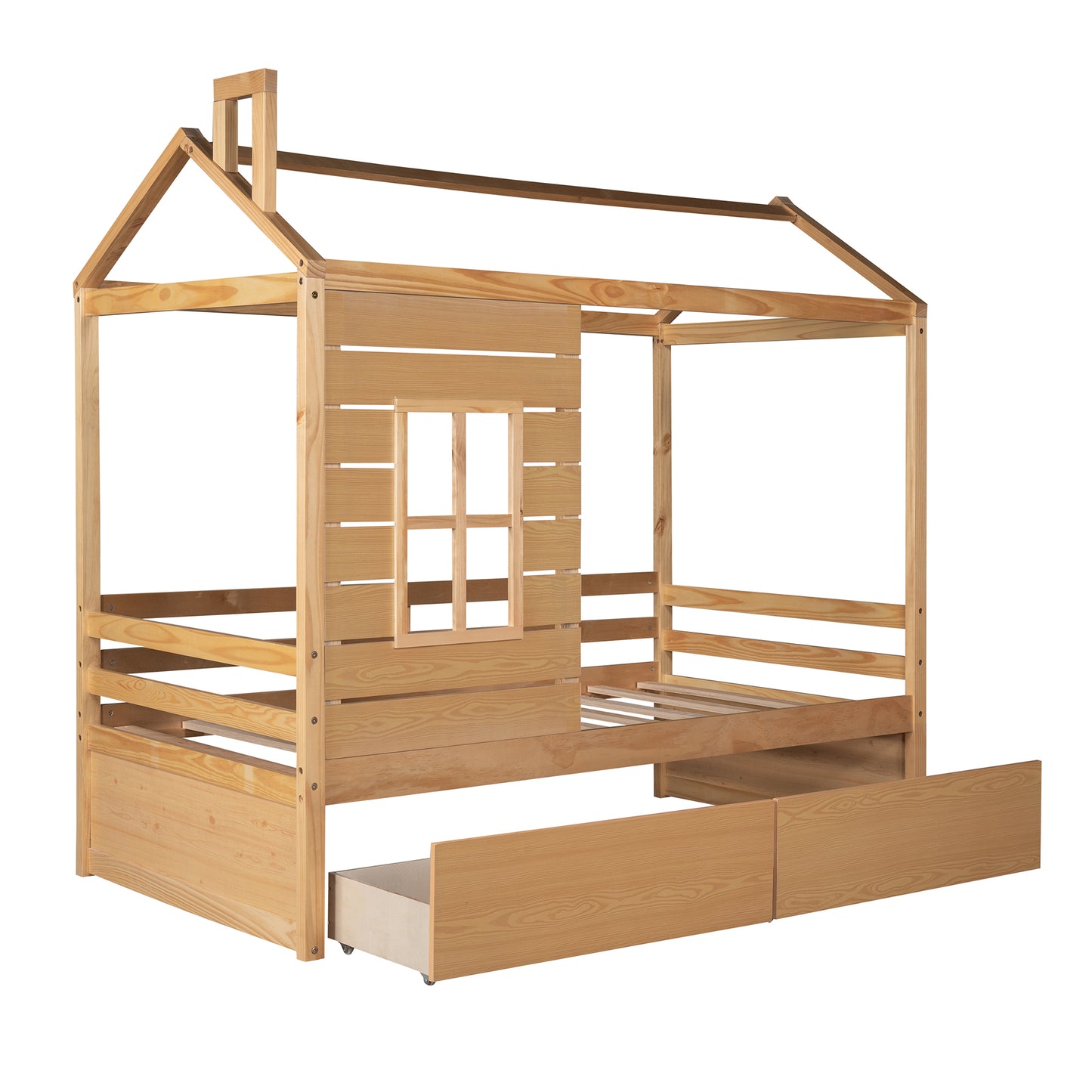 Twin Size House Bed Wood Bed with Two Drawers ( Natural )