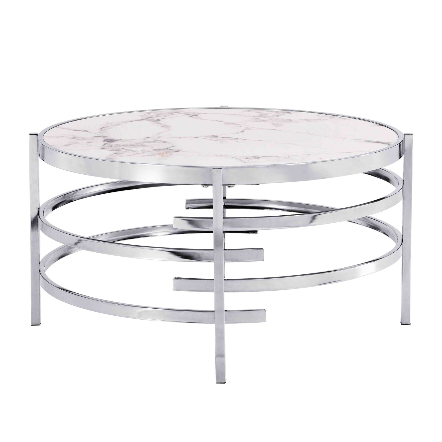 32.48'' Chrome Round Coffee Table With Sintered Stone Top&Sturdy Metal Frame, Modern Coffee Table for Living Room, Silver