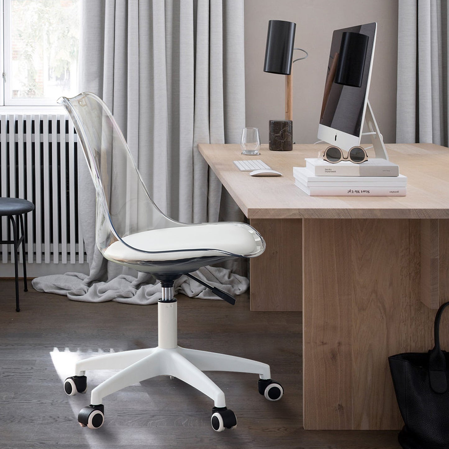 Modern Home Office Desk Chairs, Adjustable 360 °Swivel Chair Engineering Plastic Armless Swivel Computer Chair With Wheels for Living Room, Bed Room Office Hotel Dining Room and Transparent Color
