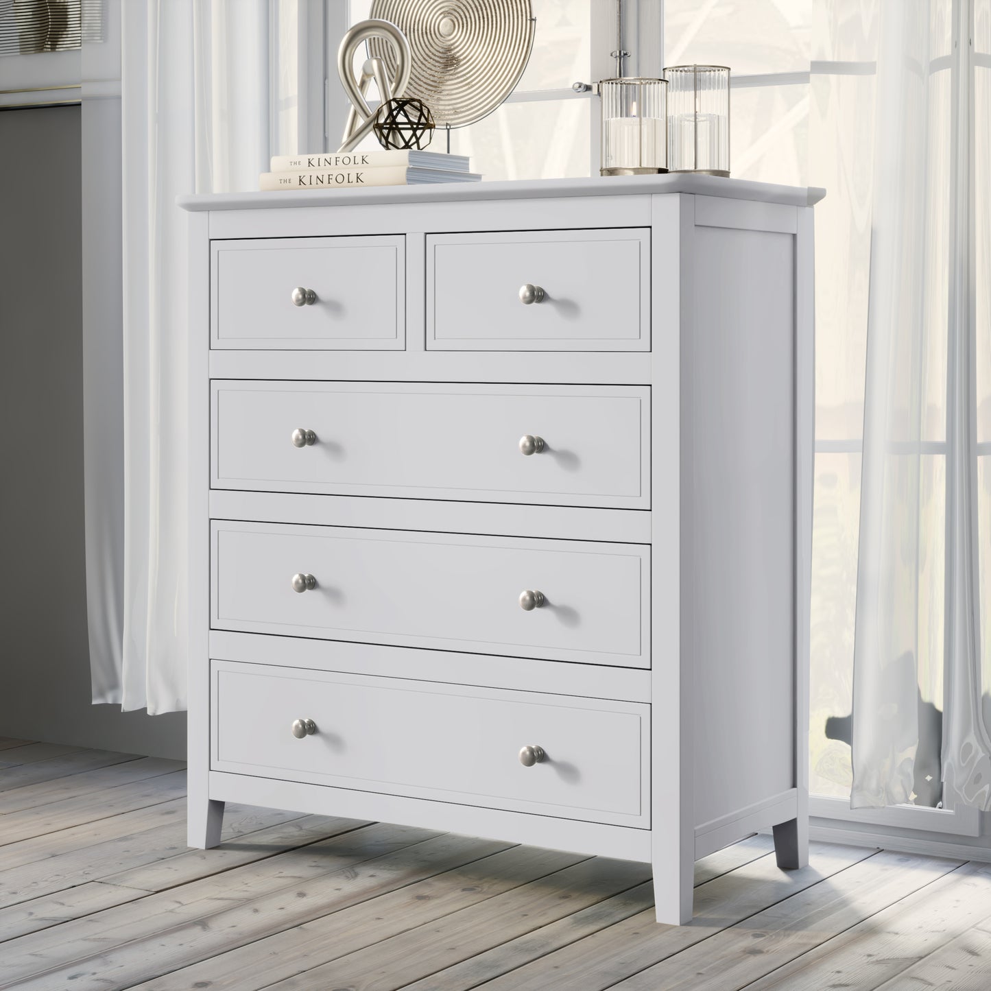 White Solid Wood 5 Pieces King Bedroom Sets(bed+nightstand*2+chest+dresser)