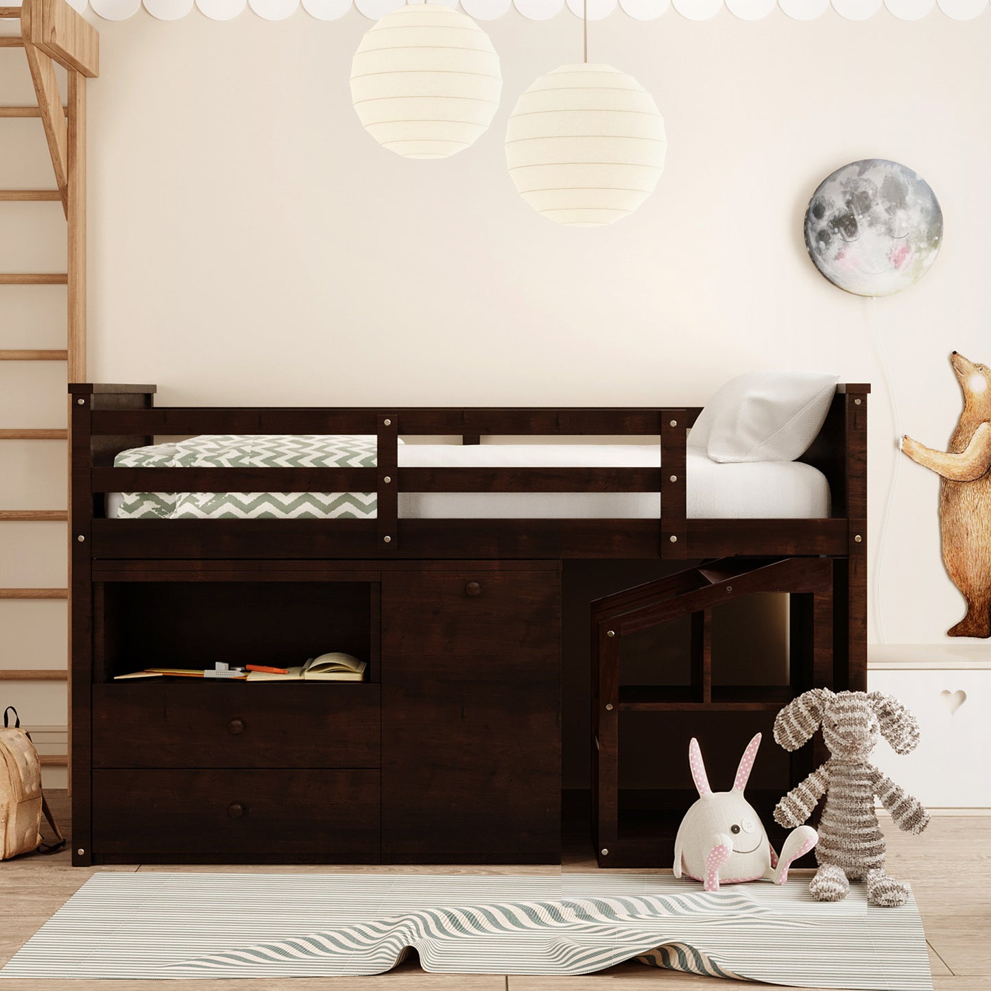 Loft Bed Low Study Twin Size Loft Bed With Storage Steps and Portable,Desk,Espresso(OLD SKU: LT000101AAP)
