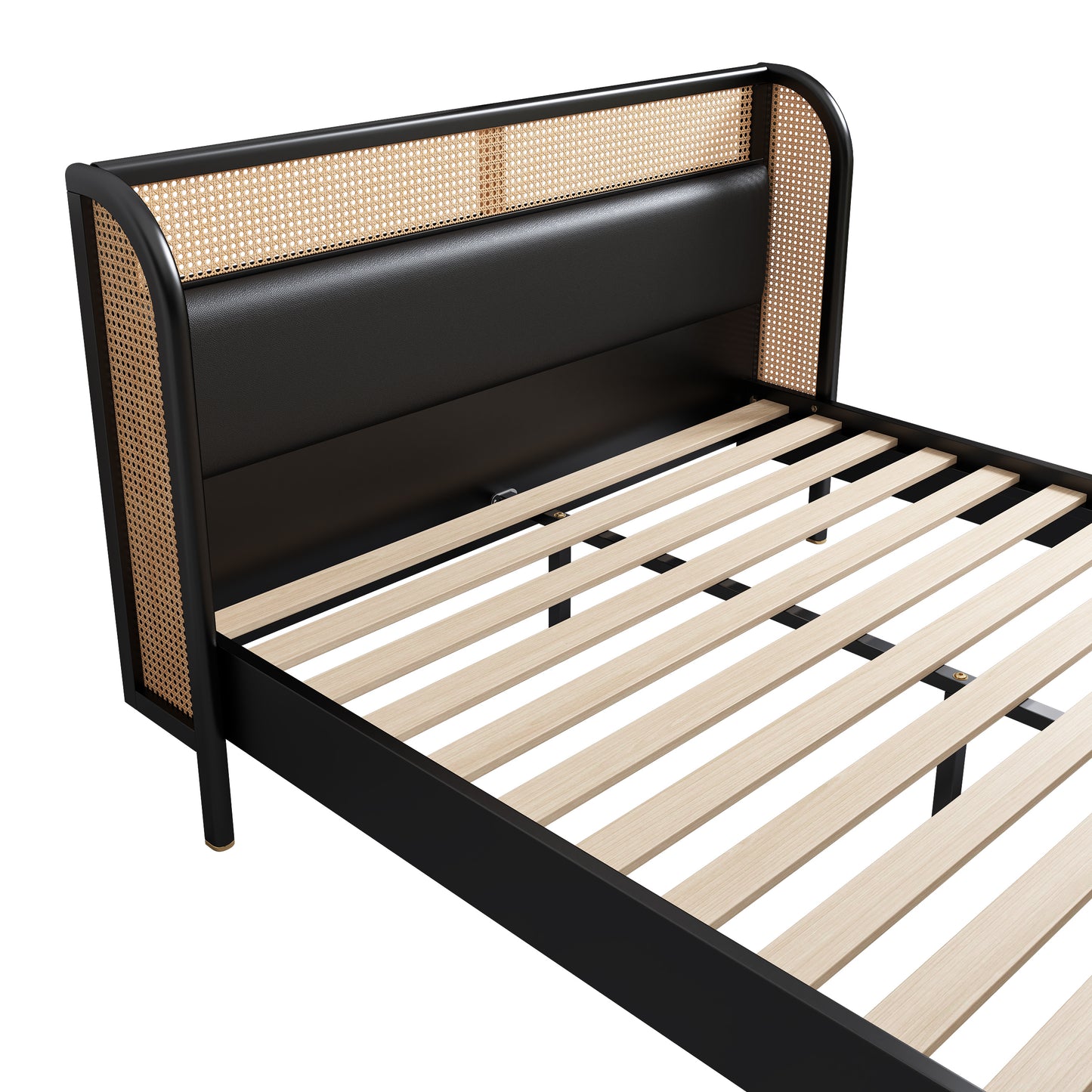 4 Pieces Modern Cannage Rattan Platform Queen Bed + Nightstand*2+ Dresser, Black