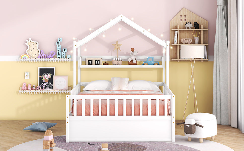 Wooden Full Size House Bed with Twin Size Trundle,Kids Bed with Shelf,White