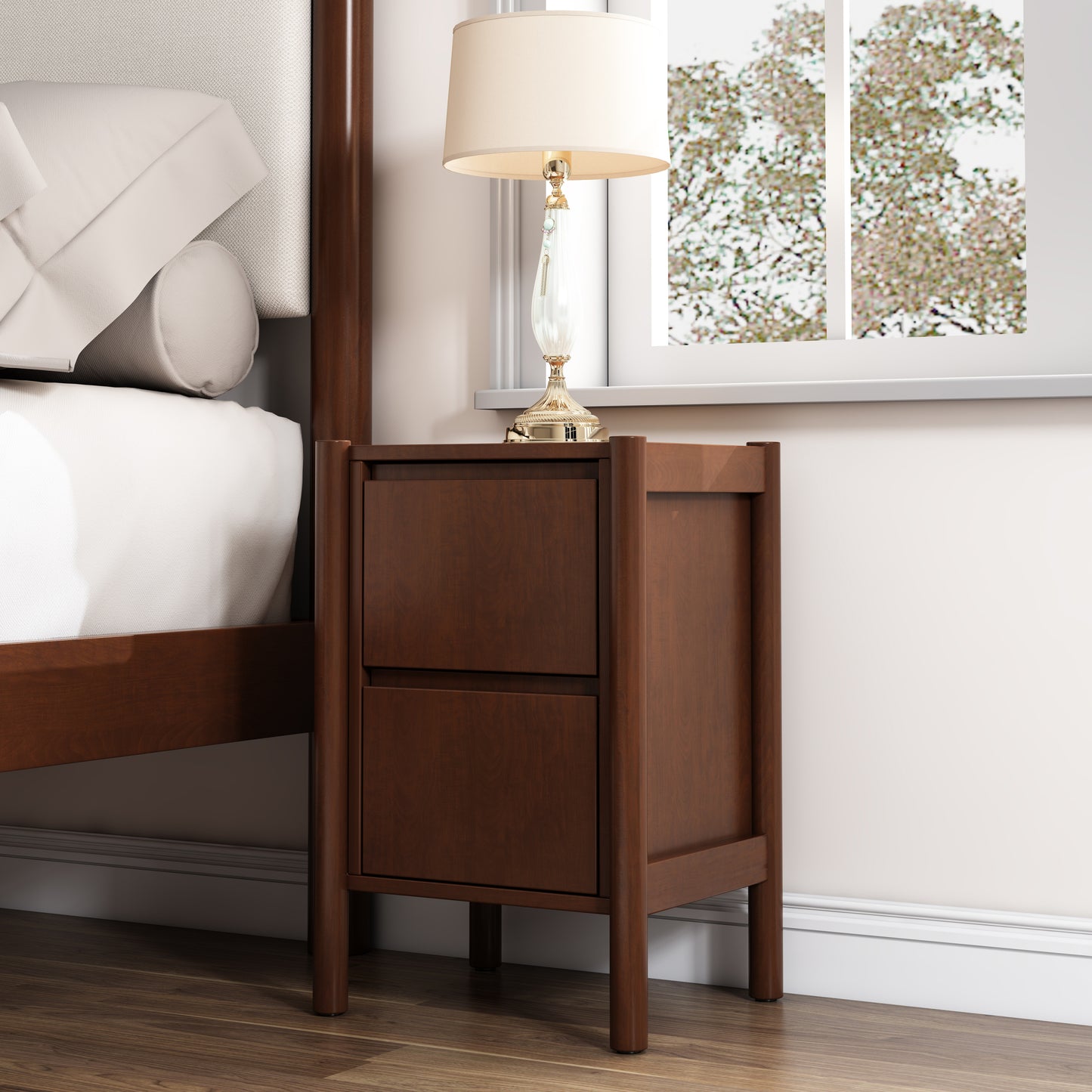 3 Pieces Bedroom Sets Mid Century Modern Upholestery Walnut Wood Frame Queen Platform Bed with Nightstand and Chest