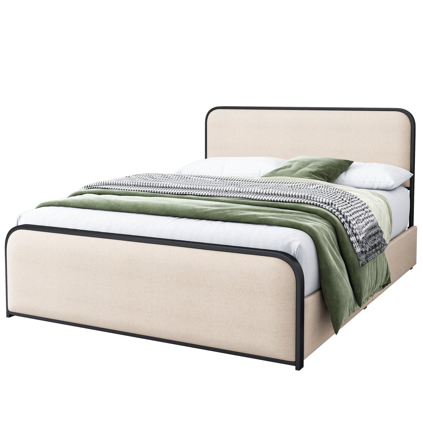 Modern Metal Bed Frame with Curved Upholstered Headboard and Footboard Bed with 4 Storage Drawers, Heavy Duty Metal Slats, Queen Size, Beige