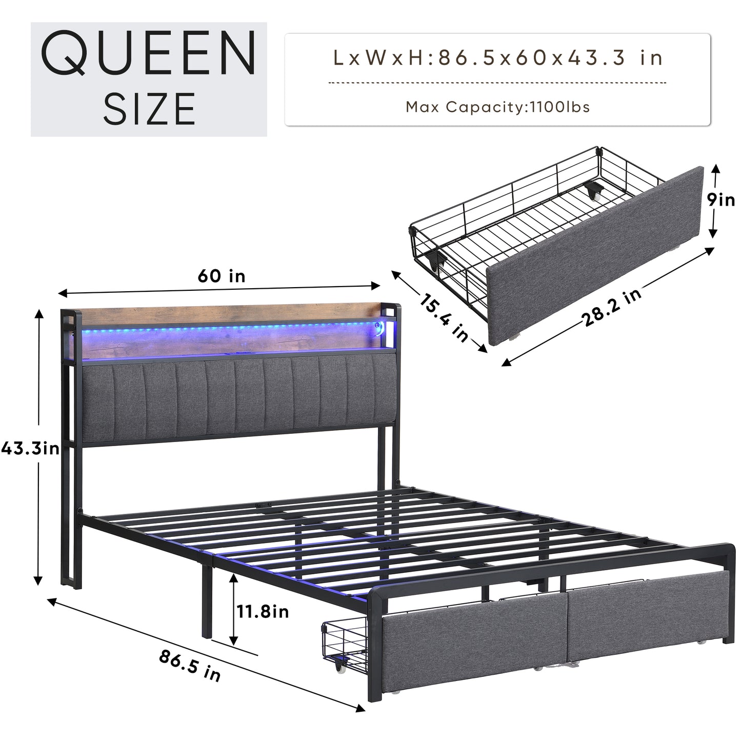 Queen Bed Frames with Storage Headboard and Drawers, LED Platform Bed Frame Queen Size, LED Upholstered Bed Frame with Charging Station, No Box Spring Needed, Easy Assembly