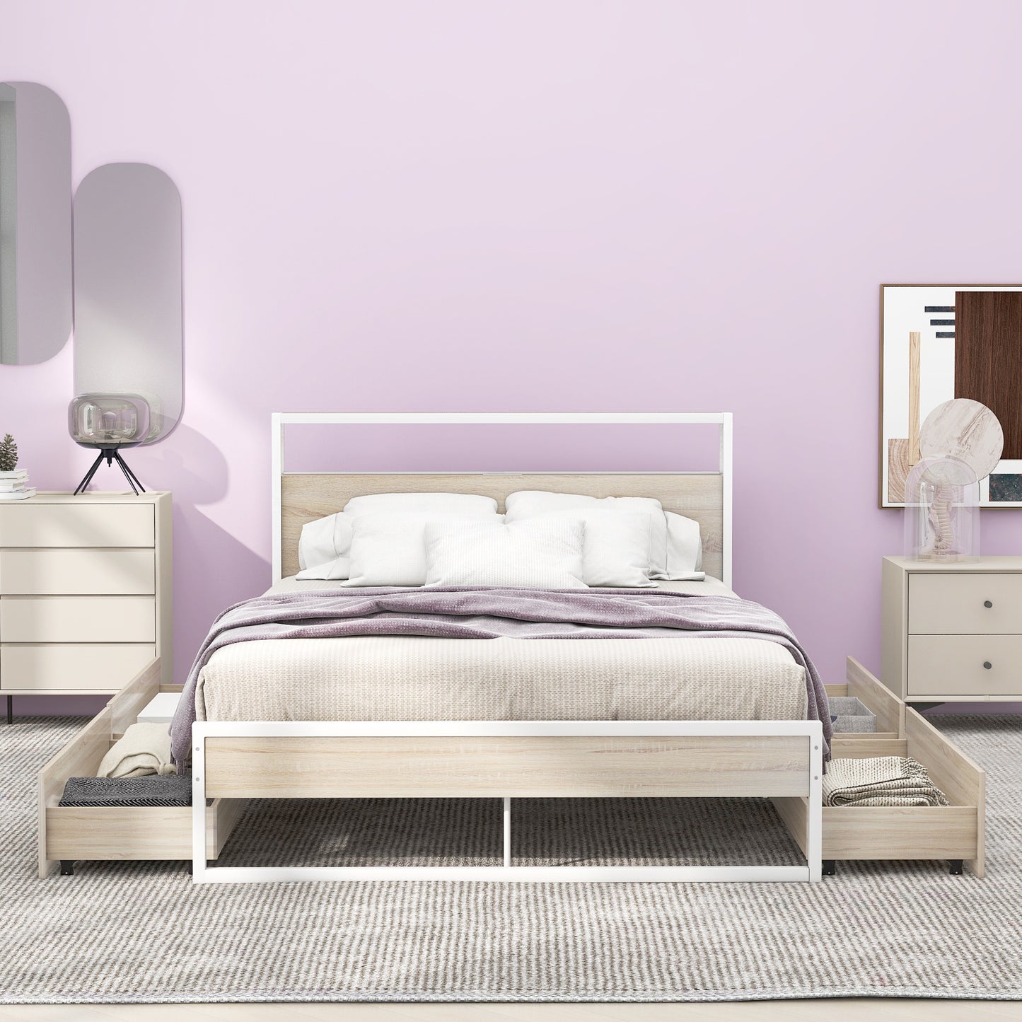 Full Size Metal Platform Bed Frame with Four Drawers,Sockets and USB Ports ,Slat Support No Box Spring Needed White
