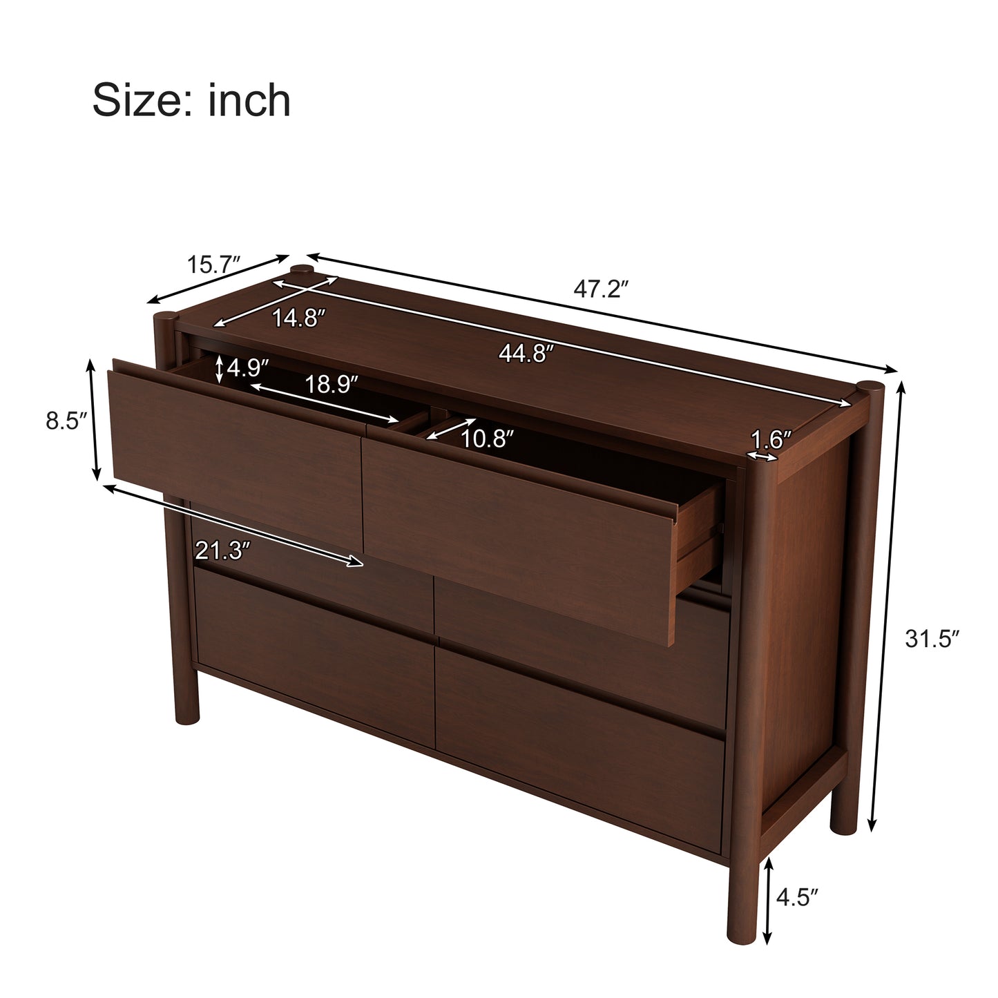 4 Pieces Bedroom Sets Mid Century Modern Upholestery Walnut Wood Frame Queen Platform Bed with Two Nightstands and Dresser