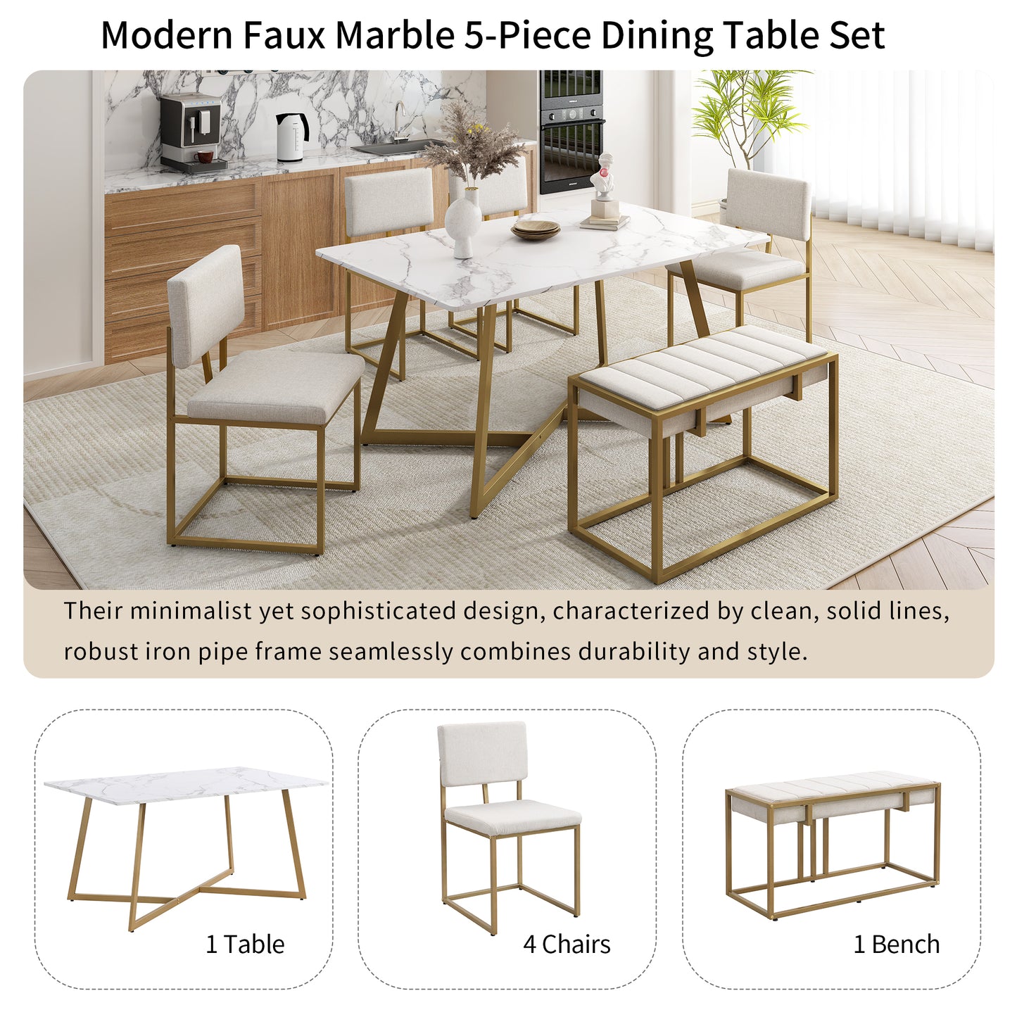 TOPMAX Modern Faux Marble 6-Piece Dining Table Set,60inch Metal Kitchen Table Set with Upholstered Dining Chairs and Bench, Golden