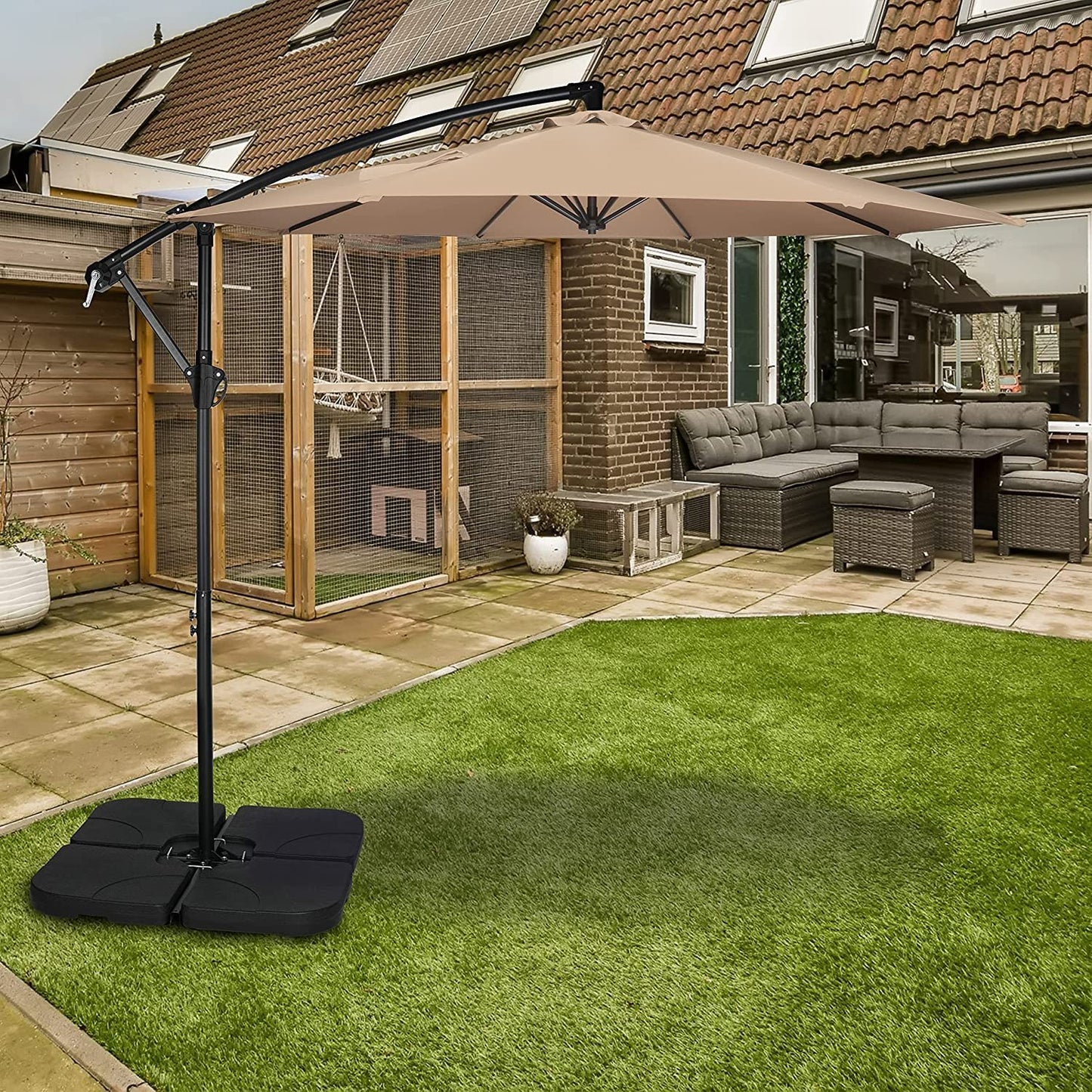 10ft Offset Umbrella Cantilever Patio Hanging Umbrella Outdoor Market Umbrella with Crank & Cross Base Suitable for Garden, Lawn, backyard and Deck, Tan