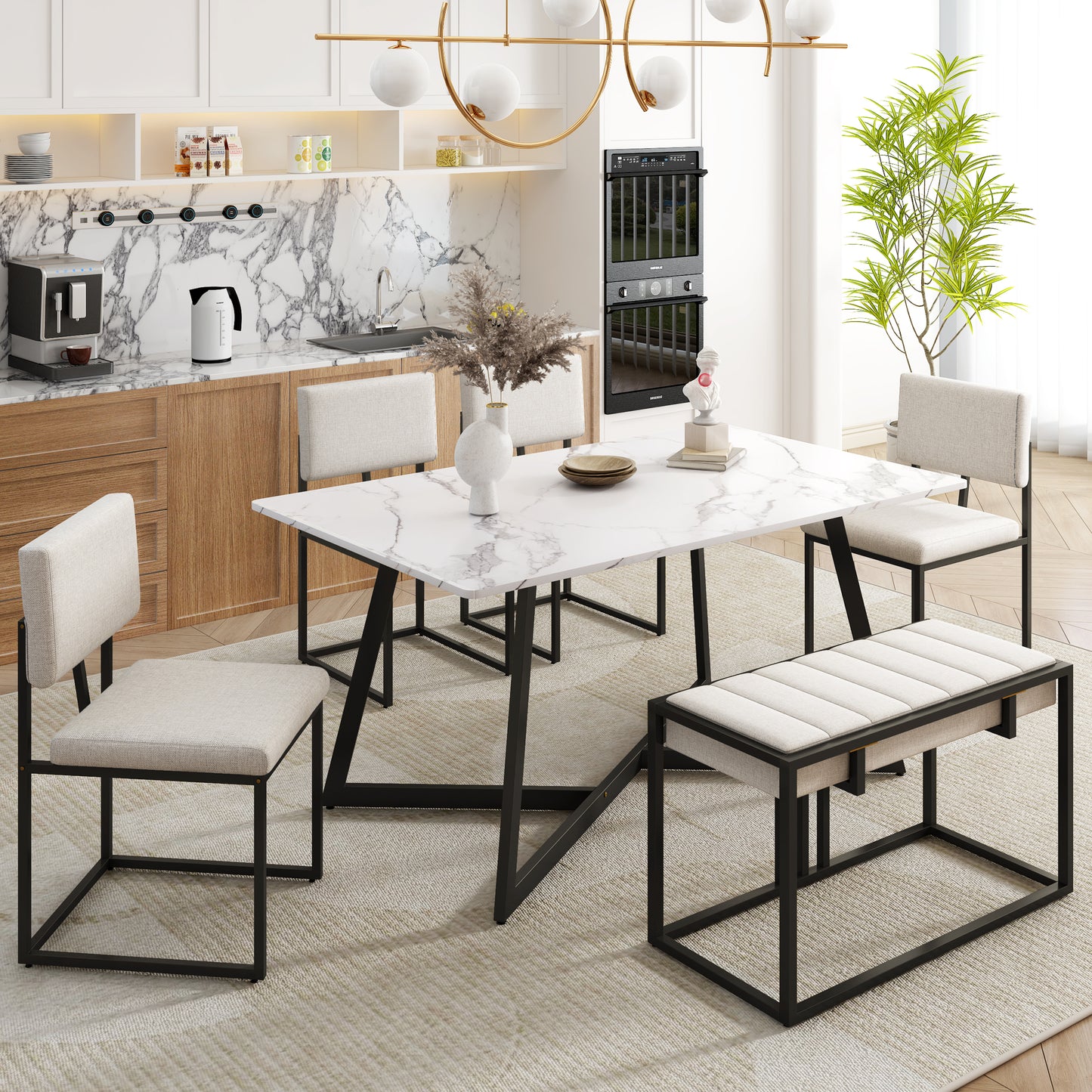 TOPMAX Modern Faux Marble 6-Piece Dining Table Set,60inch Metal Kitchen Table Set with Upholstered Dining Chairs and Bench, Black