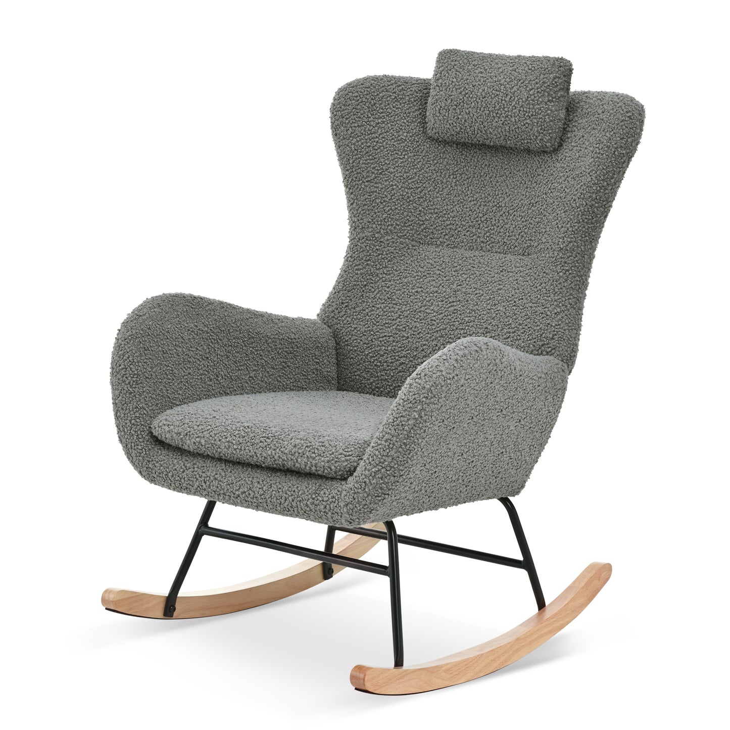 Rocking Chair Nursery, Teddy Upholstered Rocker Glider Chair with High Backrest, Adjustable Headrest & Pocket, Comfy Glider Chair for Nursery, Bedroom, Living Room, Offices, Rubber wood, gray