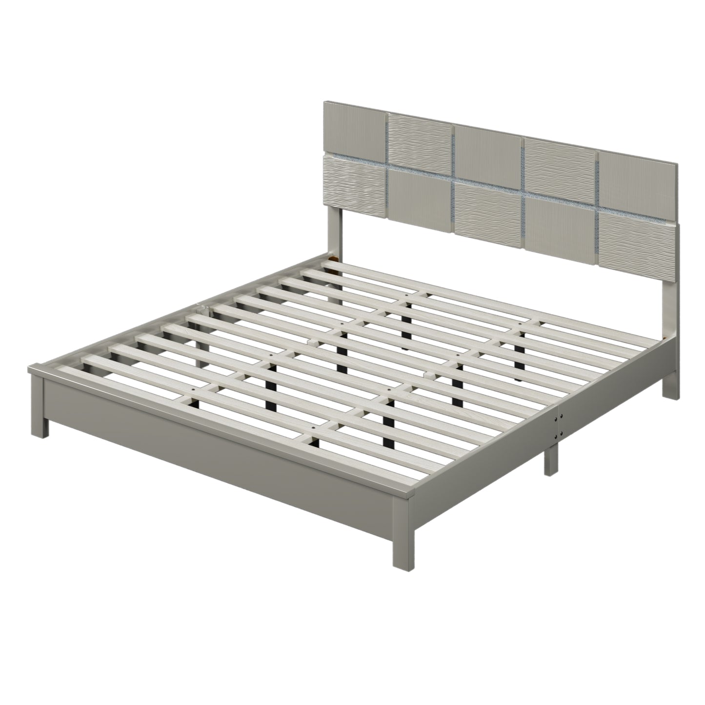 Champagne Silver Platform Bed Solid Rubber Wood Frame and Legs, King Size