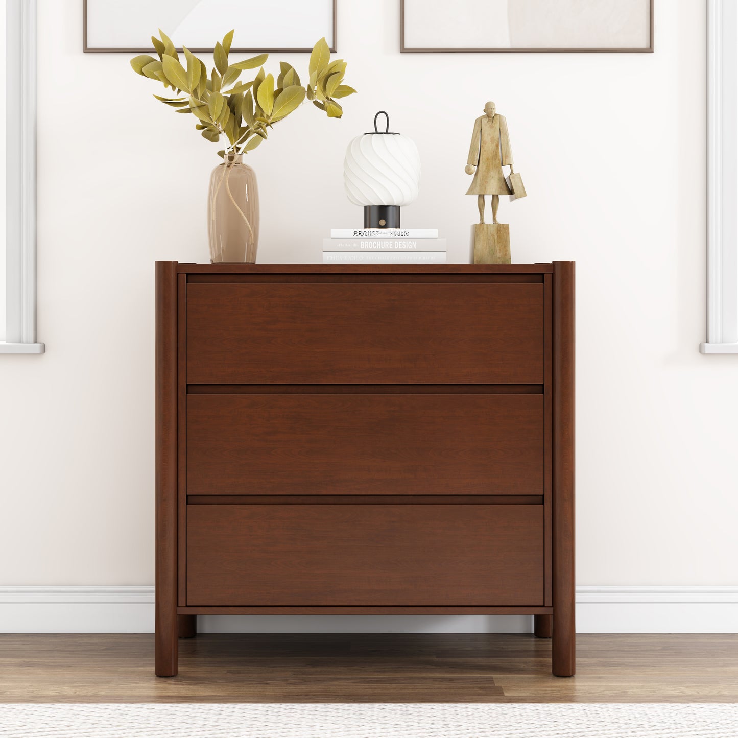 Mid Century Modern Wood 3-Drawer Chest Storage Cabinet Chest of Drawers for Bedroom, Living Room, Rich Walnut