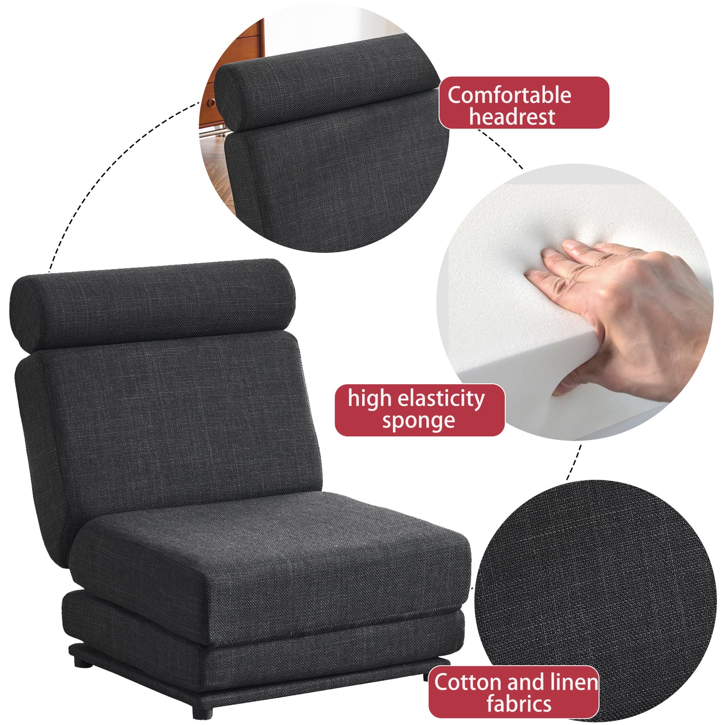 Single Sofa Chair Foldable Single Sofa Bed with Pillow,Portable Foldable Sofa Bed,Leisure Sofa Chair,Easy to Store,Made of Breathable and Wearable Linen,Dark Grey