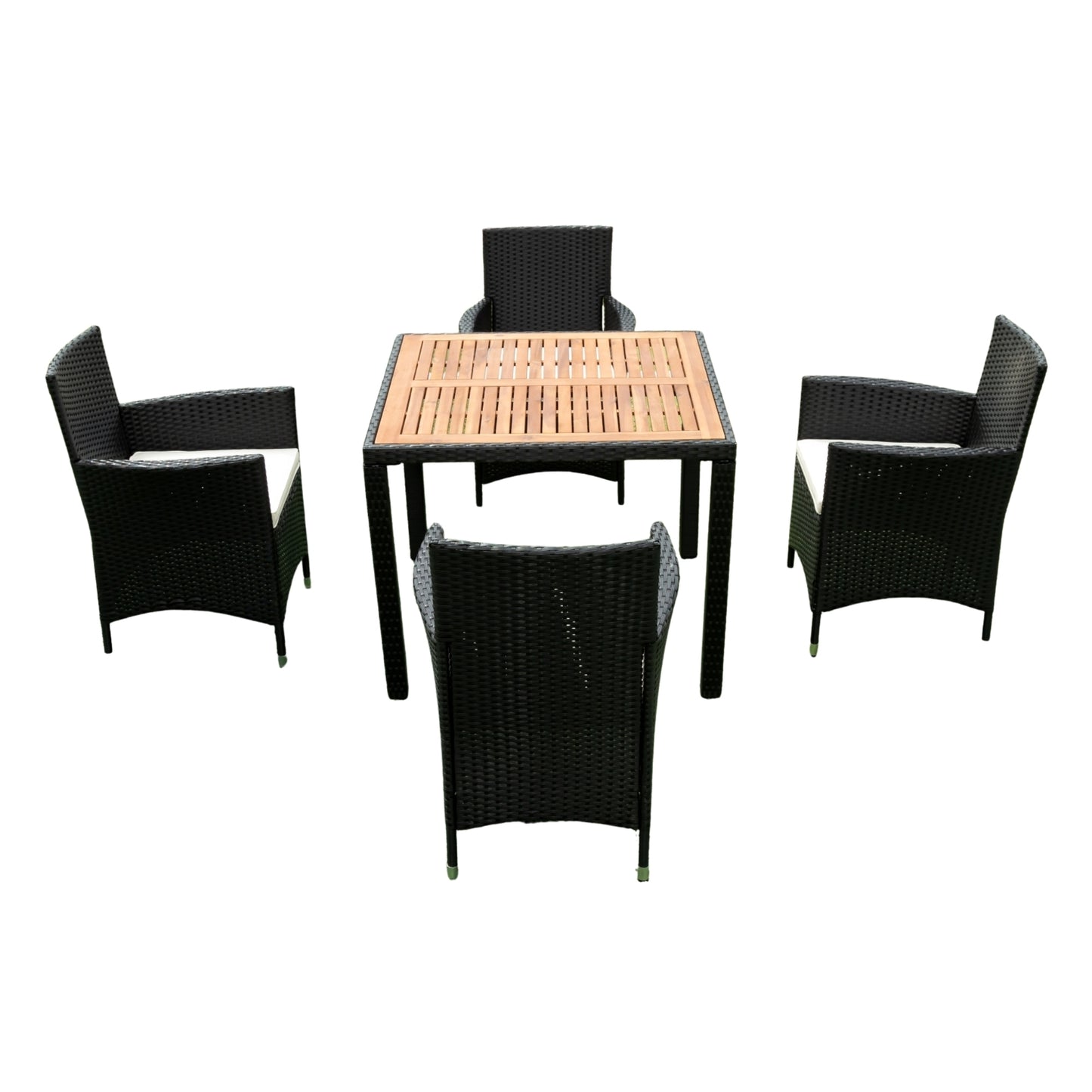EELIFEE 5 piece Outdoor Patio Wicker Dining Set Patio Wicker Furniture Dining Set w/Acacia Wood Top Black Wicker + Creme Cushion