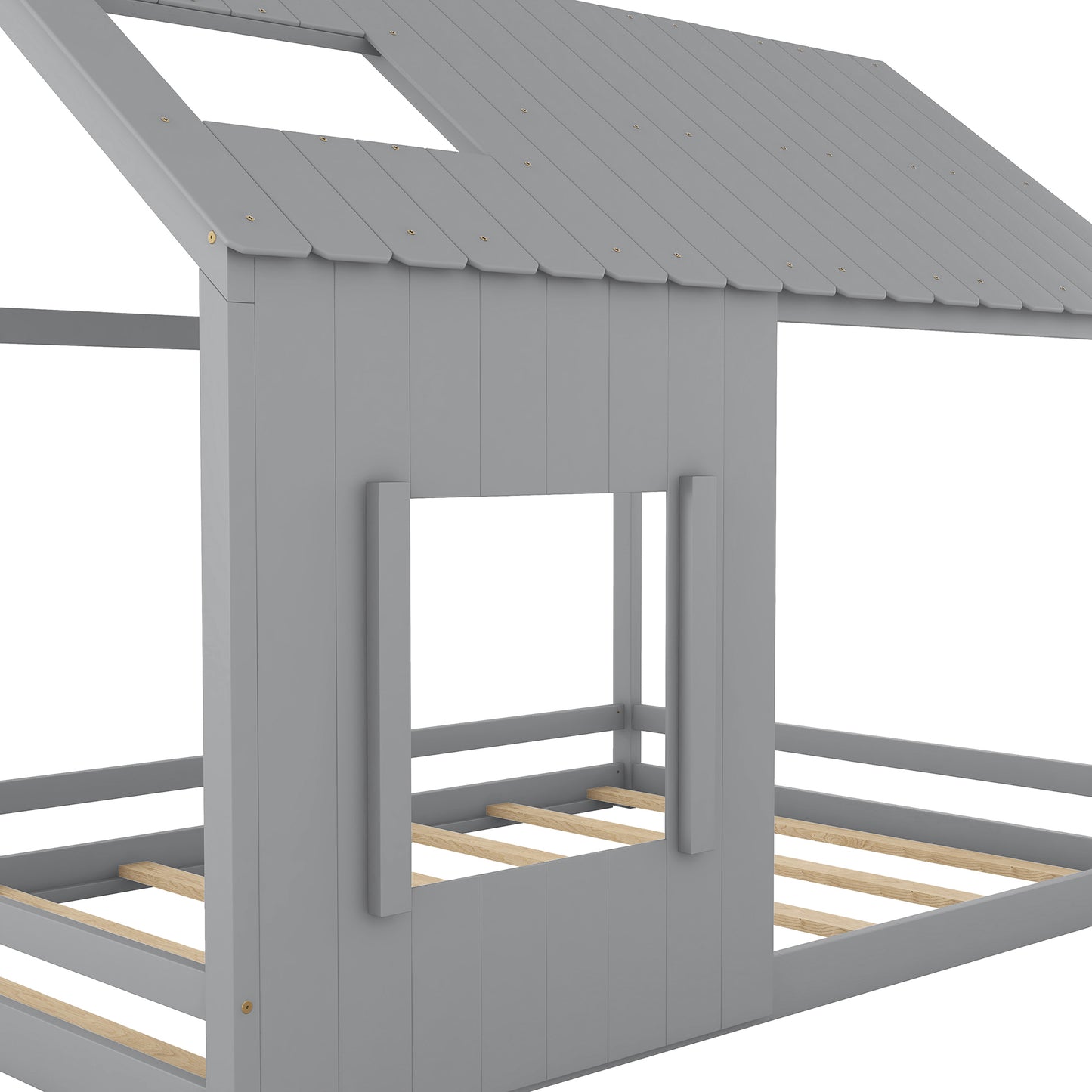 Full Size House Bed with Roof and Window - Gray