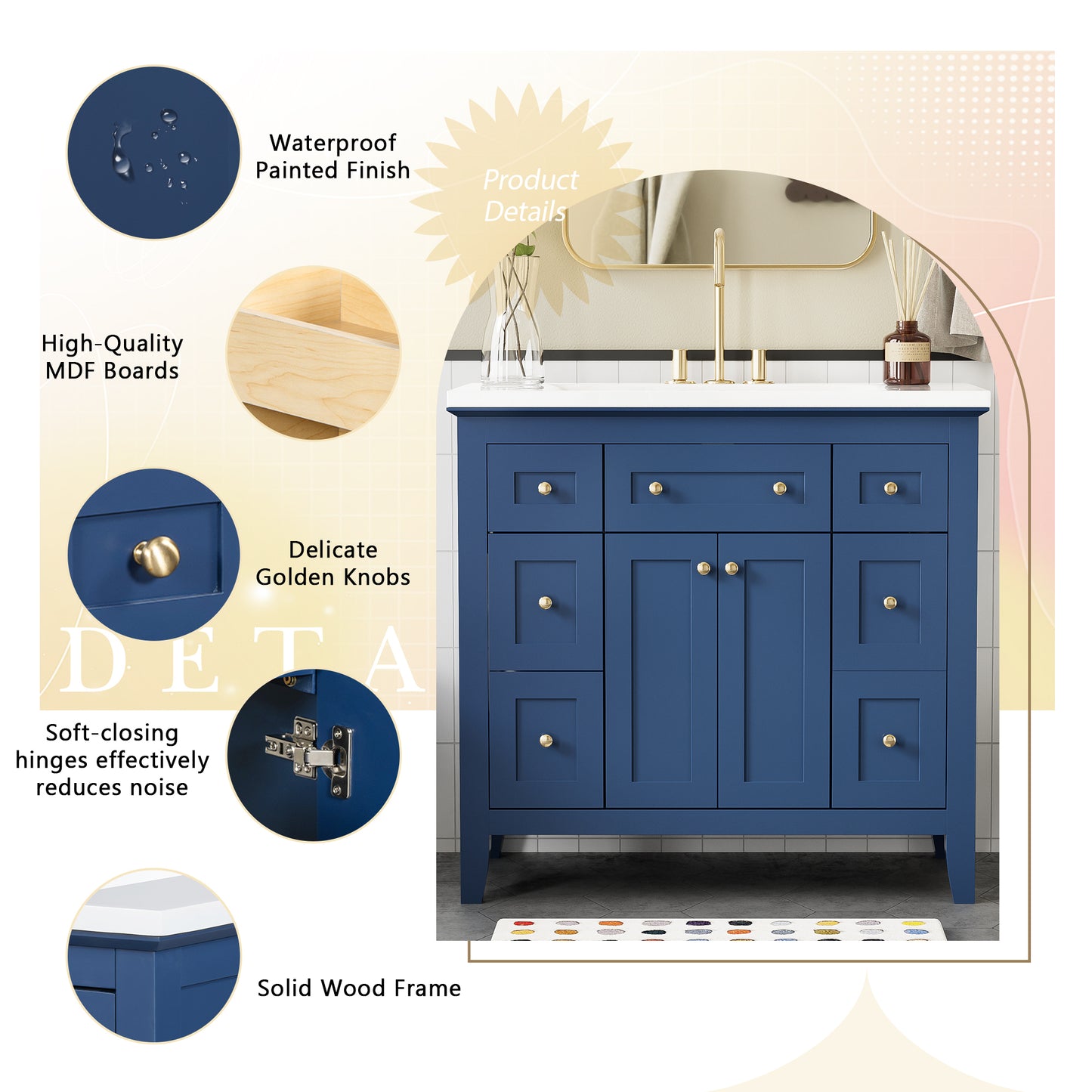 36'' Bathroon Vanity with Resin Sink Combo Set, Modern Freestanding Single Bathroom Cabinet with 6 Drawers & 2 Cabinets, Storage Cabinet for Bathroom, Solid Wood Frame Vanity Set, Blue