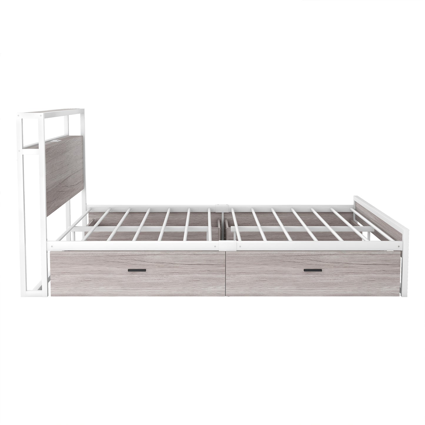 Full Size Metal Platform Bed Frame with Four Drawers,Sockets and USB Ports ,Slat Support No Box Spring Needed White