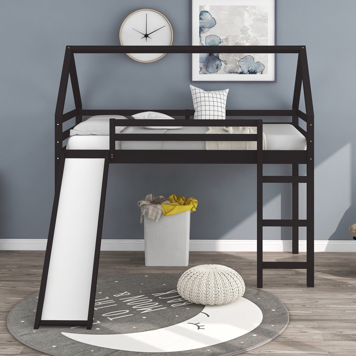 Twin Size Loft Bed with Slide, House Bed with Slide,Espresso(OLD SKU :WF281158AAP)