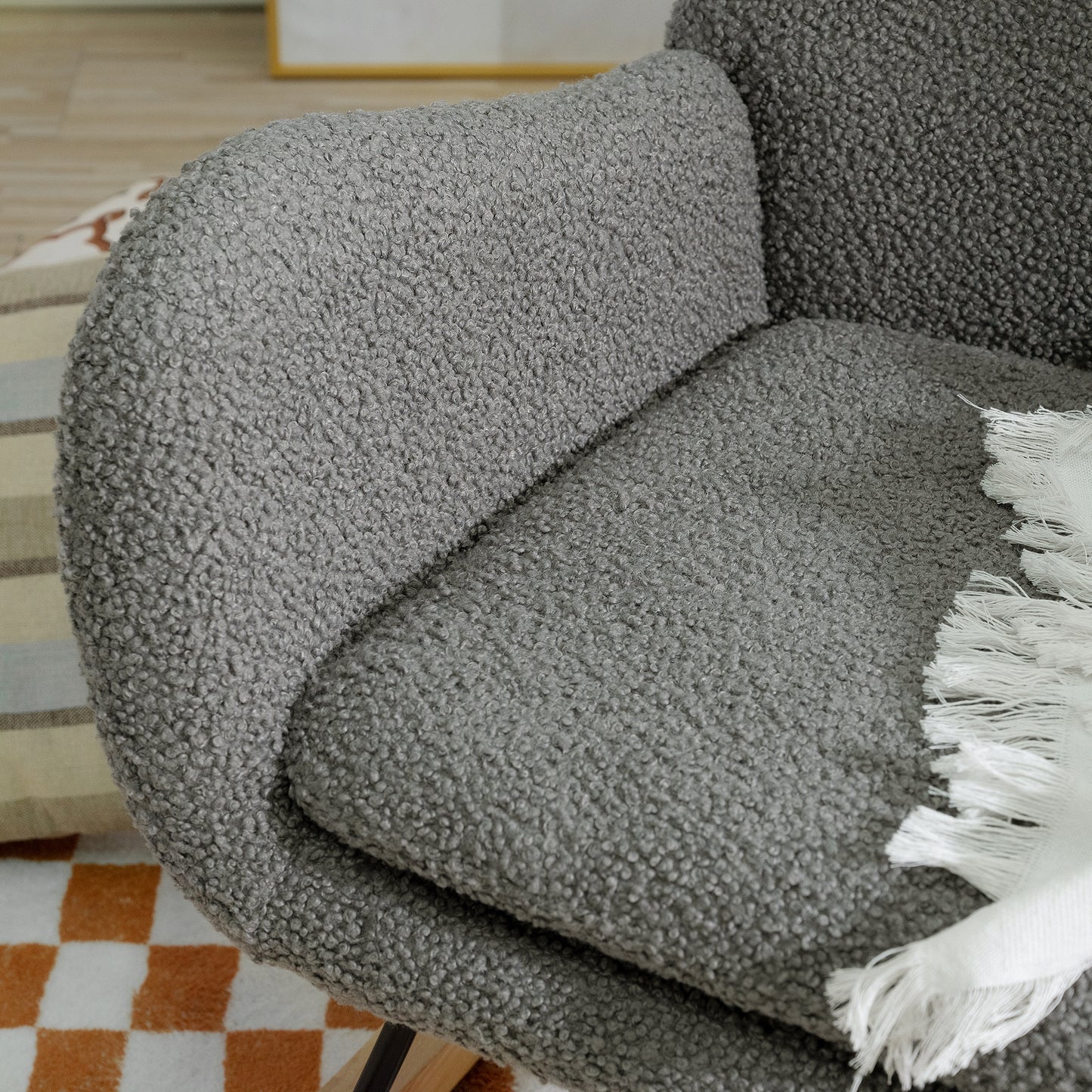 Rocking Chair Nursery, Teddy Upholstered Rocker Glider Chair with High Backrest, Adjustable Headrest & Pocket, Comfy Glider Chair for Nursery, Bedroom, Living Room, Offices, Rubber wood, gray