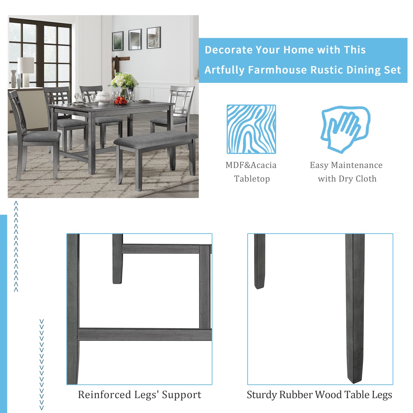 TOPMAX 6 Piece Wooden Dining Table set, Kitchen Table set with 4 Chairs and Bench, Farmhouse Rustic Style,Gray