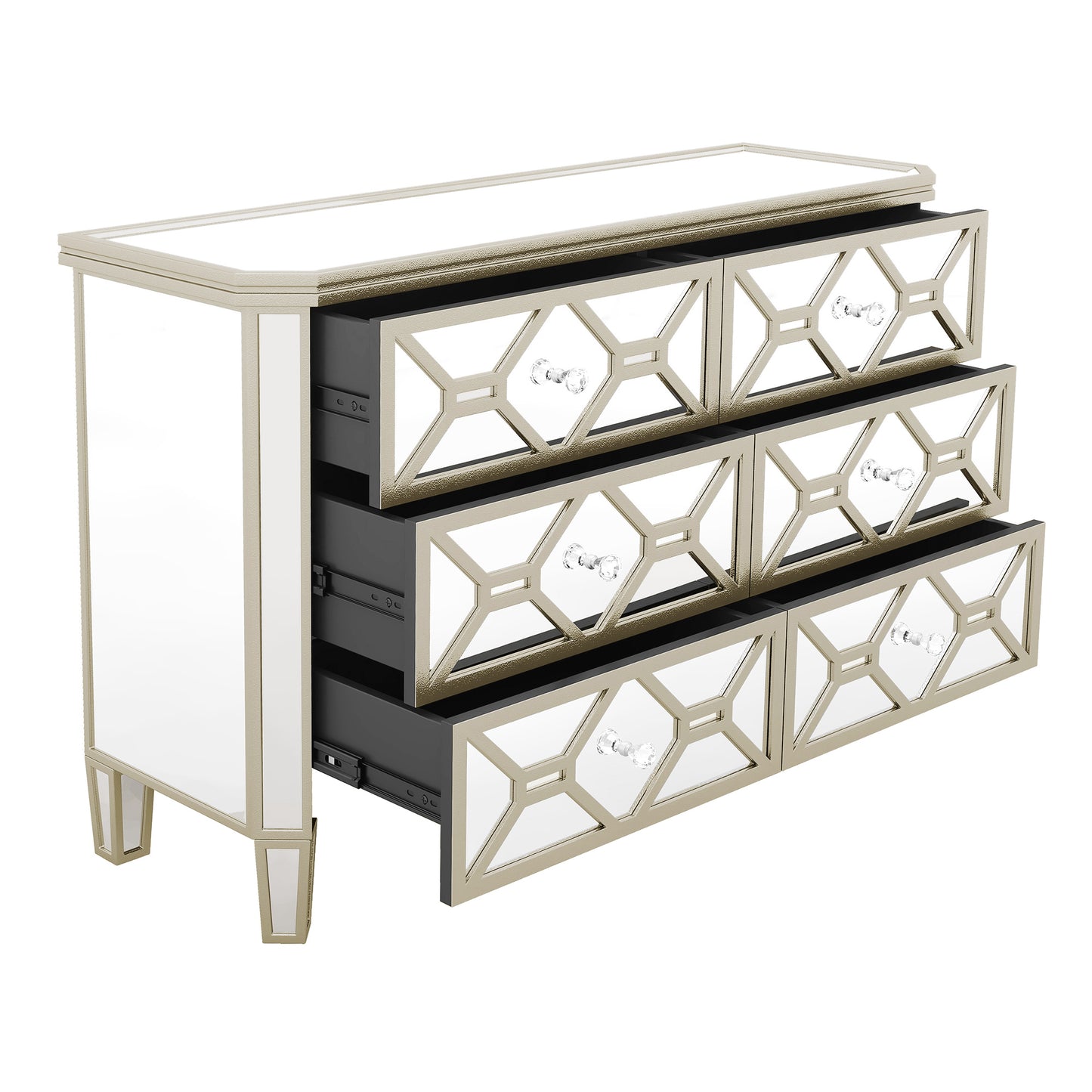 Elegant Mirrored 6-Drawer Dresser with Golden Lines Storage Cabinet for Living Room, Hallway, Entryway