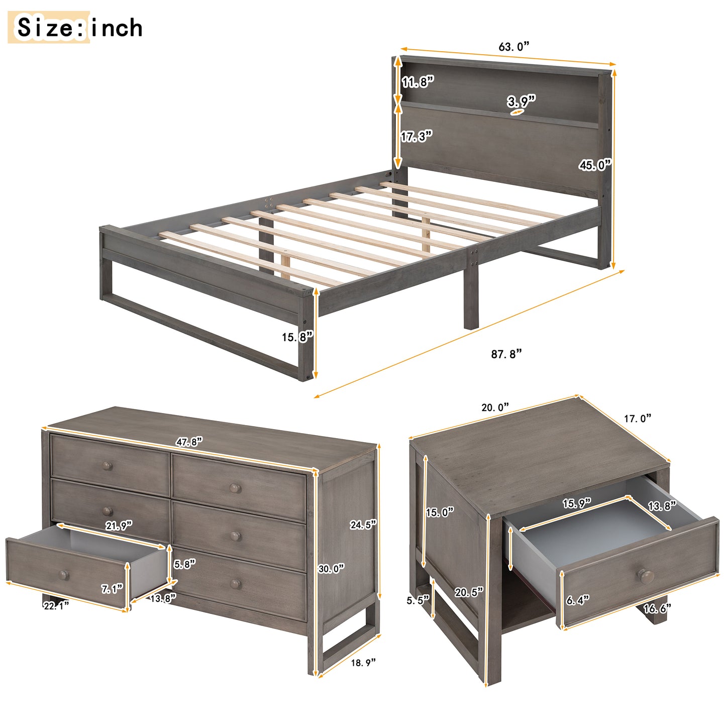 3-Pieces Bedroom Sets Queen Size Platform Bed with Nightstand and Dresser,Antique Gray