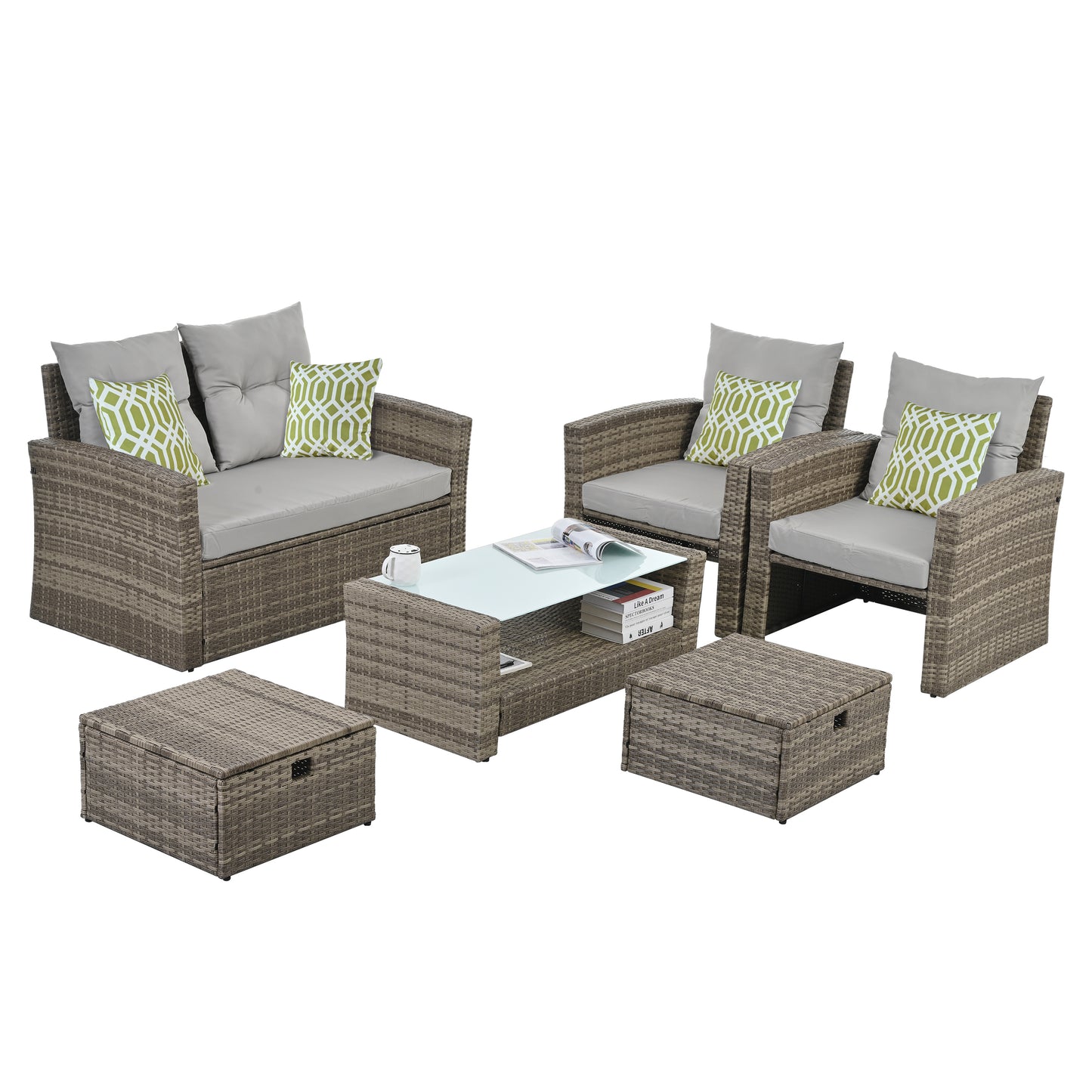 Patio Furniture, Outdoor Furniture, Seasonal PE Wicker Furniture, 6 Set Wicker Furniture With Tempered Glass Coffee Table
