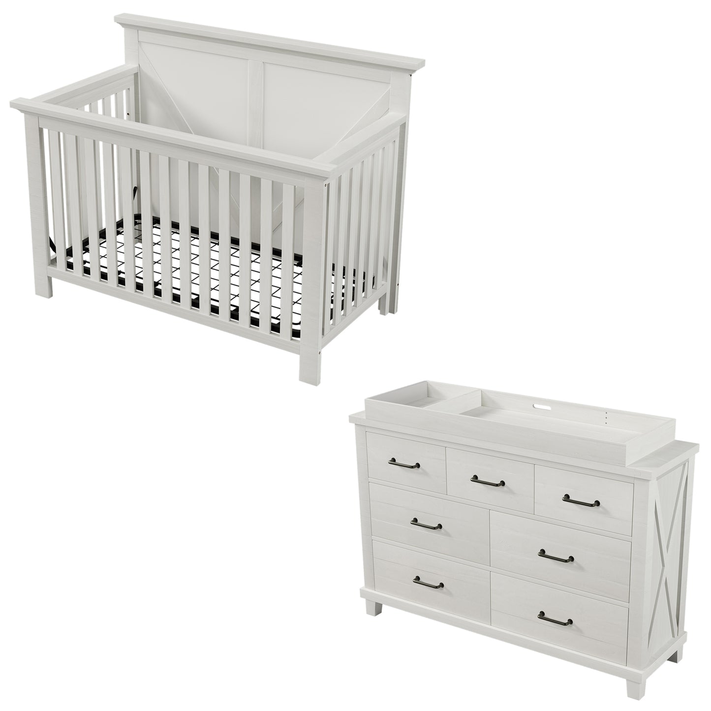 Rustic Farmhouse Style 3 Pieces Nursery Sets Whitewash Baby Crib and Changer Dreeser with Removable Changing Tray Bedroom Sets White