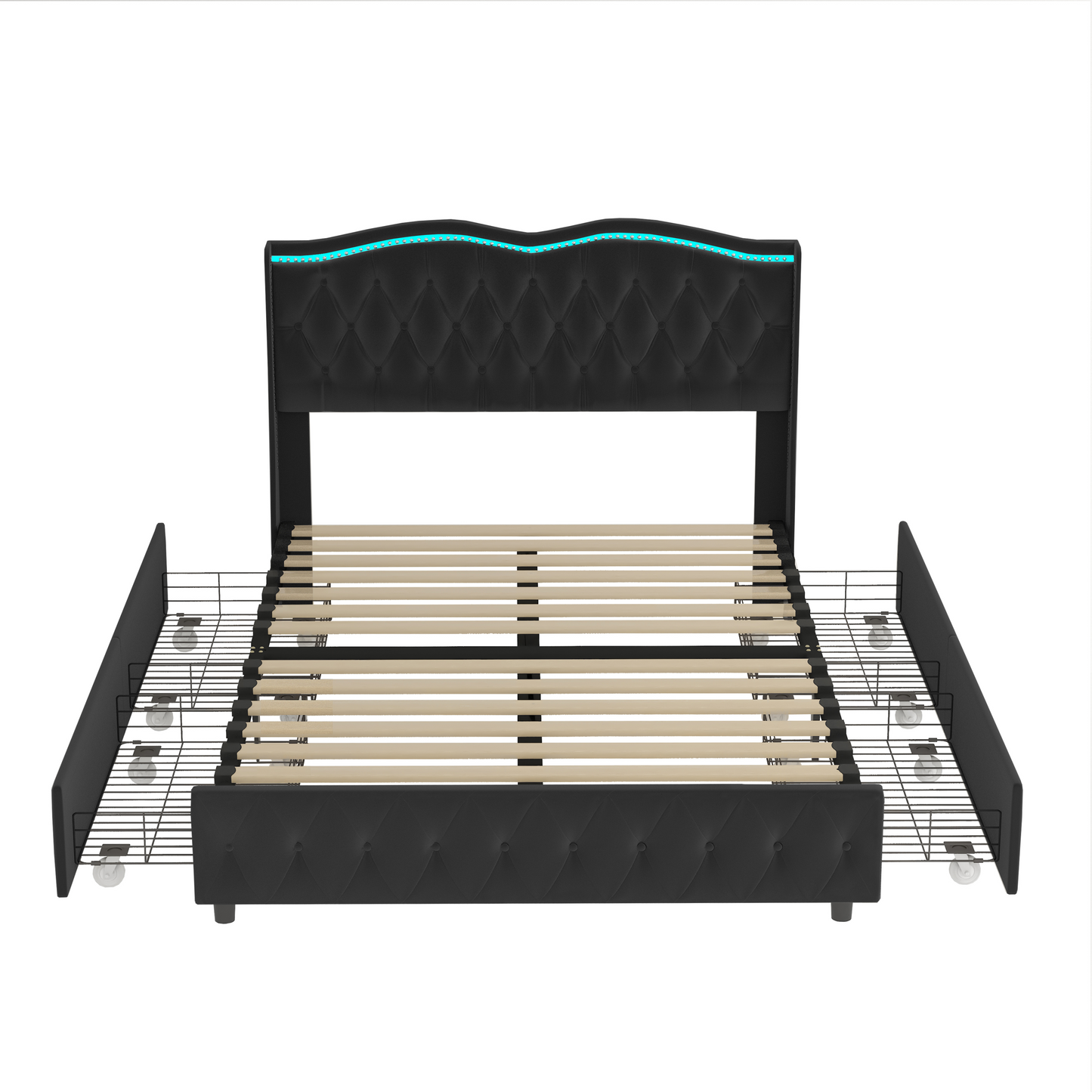 Queen Platform Bed Frame , Velvet Upholstered Bed with Deep Tufted Buttons and Nailhead Trim, Adjustable Colorful LED Light Decorative Headboard, Bed Sides with Pull-Out Storage 4 Drawers, Black