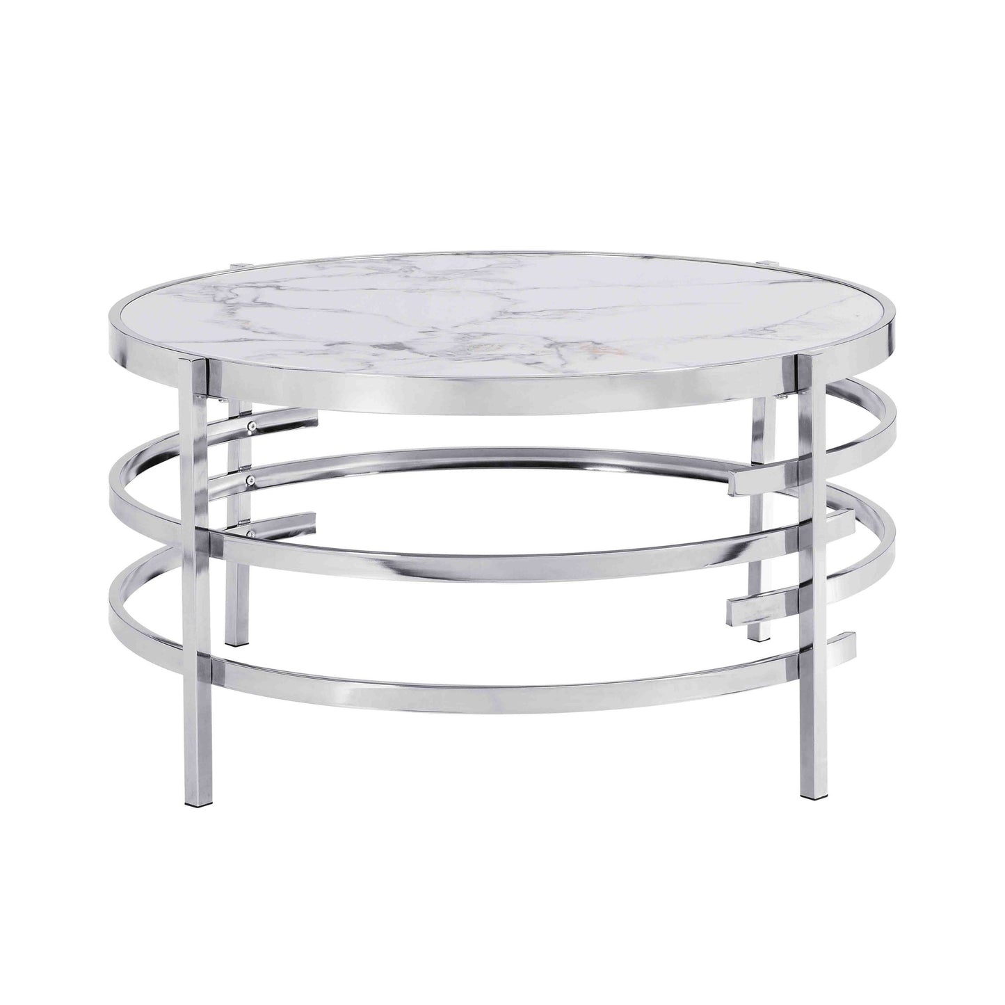 32.48'' Chrome Round Coffee Table With Sintered Stone Top&Sturdy Metal Frame, Modern Coffee Table for Living Room, Silver