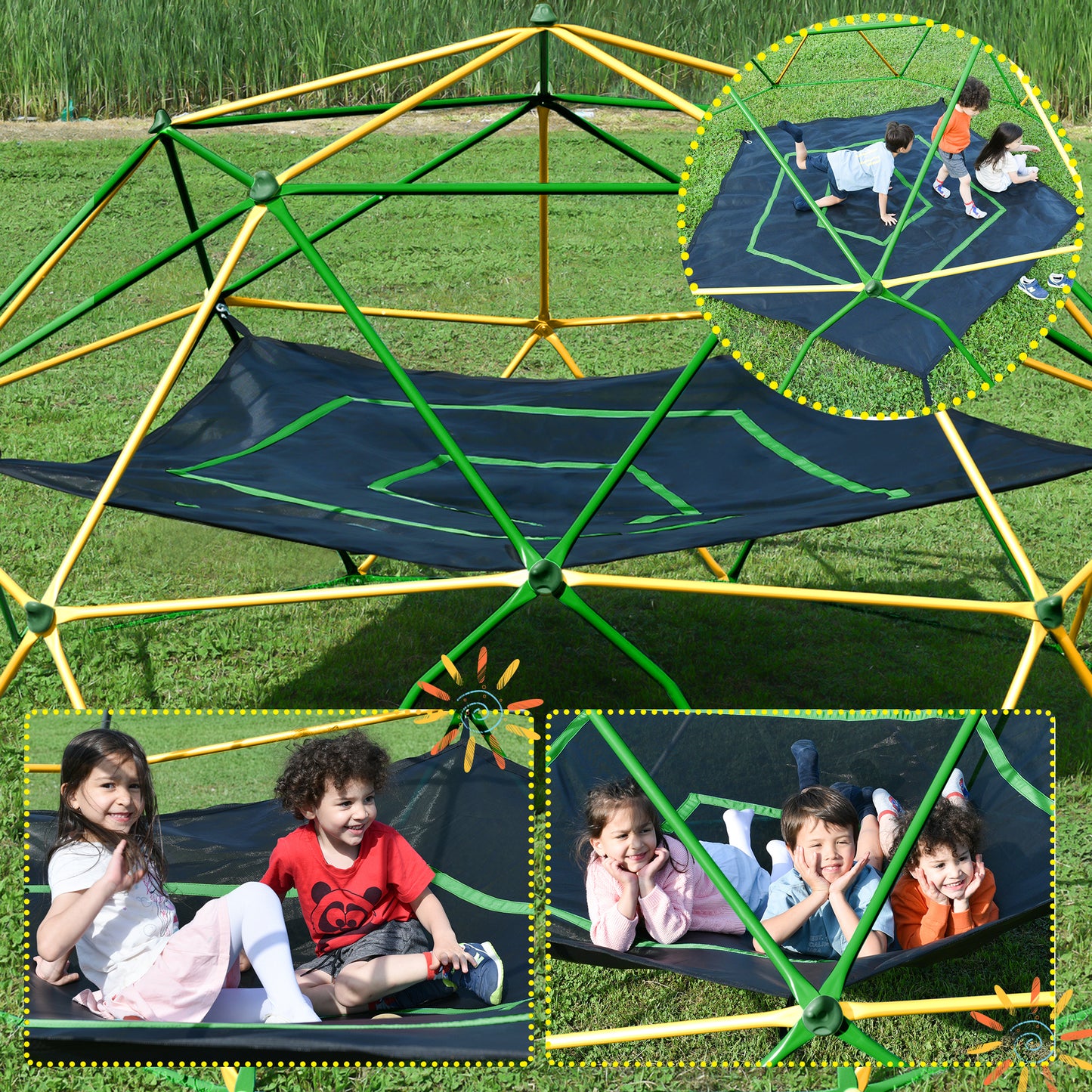 13ft Geometric Dome Climber Play Center, Kids Climbing Dome Tower with Hammock, Rust & UV Resistant Steel Supporting 1000 LBS