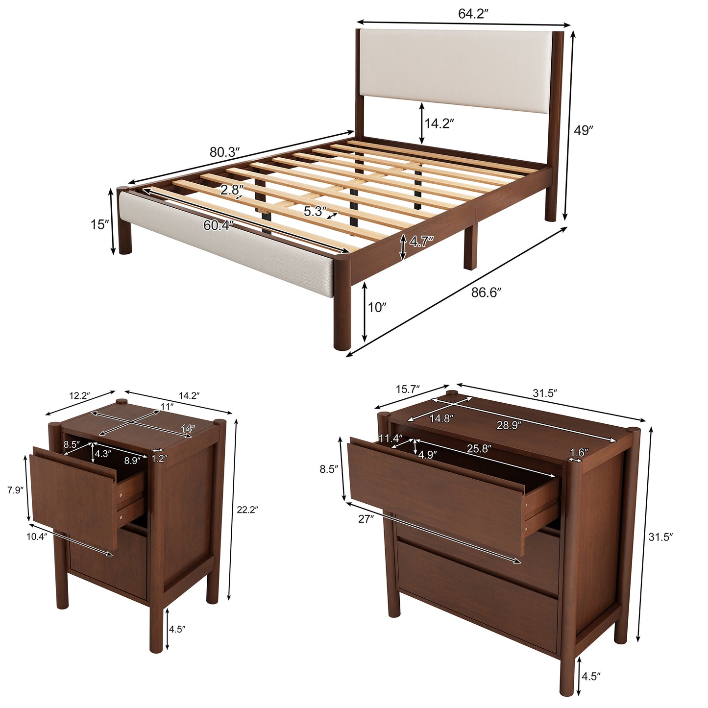 3 Pieces Bedroom Sets Mid Century Modern Upholestery Walnut Wood Frame Queen Platform Bed with Nightstand and Chest