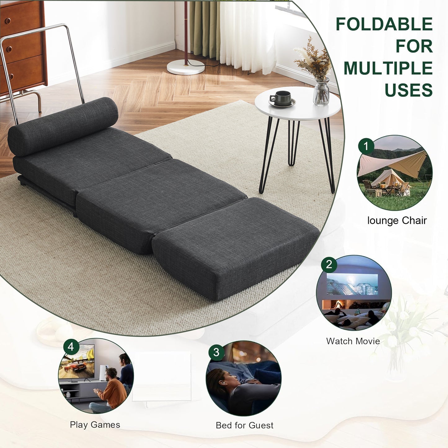 Single Sofa Chair Foldable Single Sofa Bed with Pillow,Portable Foldable Sofa Bed,Leisure Sofa Chair,Easy to Store,Made of Breathable and Wearable Linen,Dark Grey